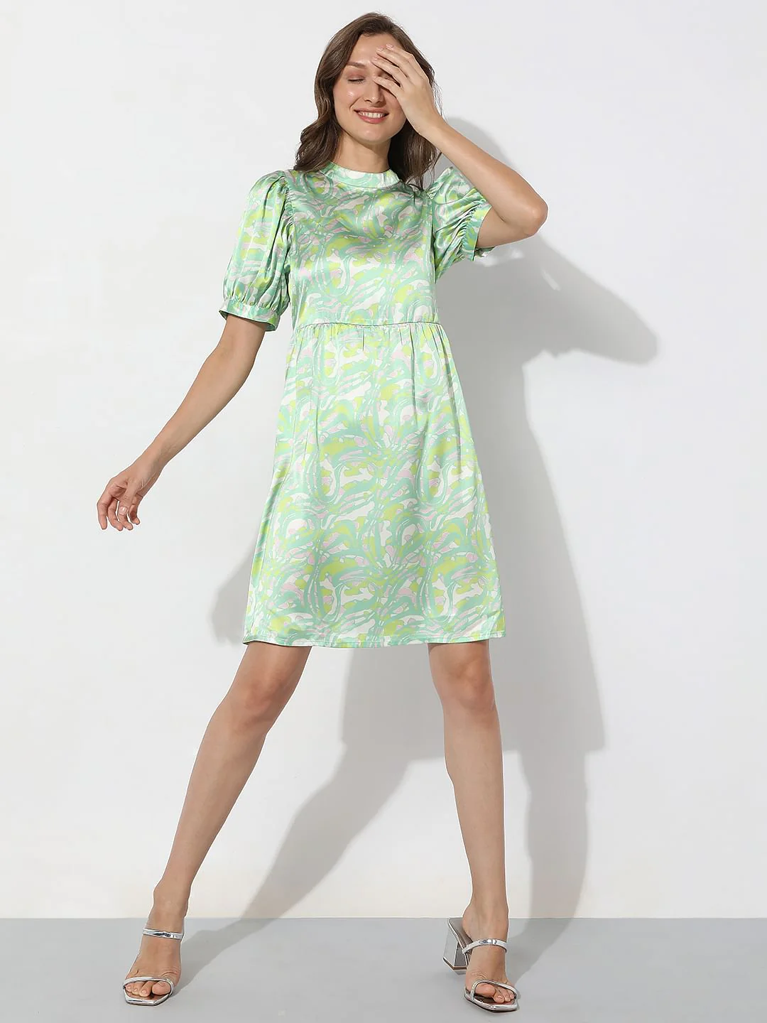 Green Abstract Print Fit & Flare Dress - Image 5