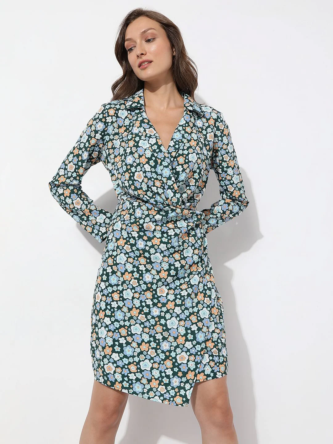 Green Floral Print Shirt Dress - Image 2