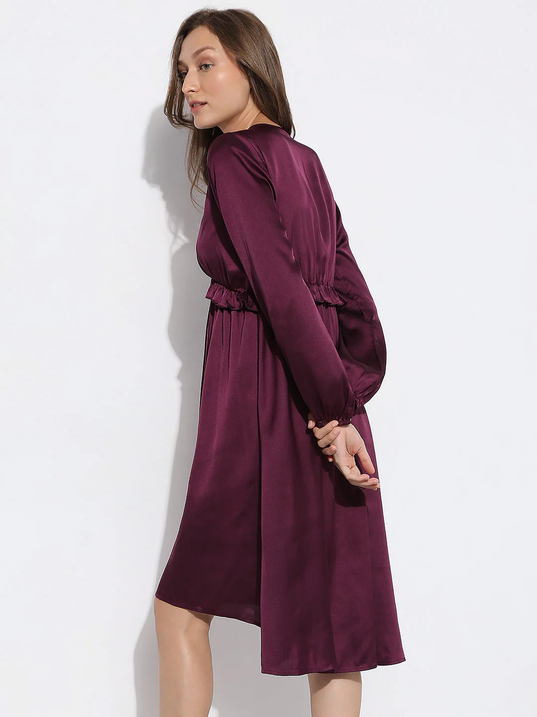 Dark Purple V-Neck Satin Dress - Image 4
