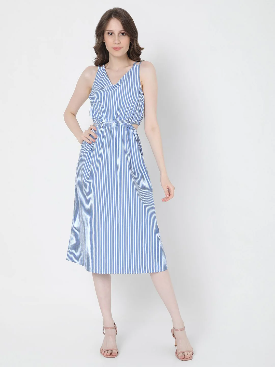 White & Blue Striped Midi Dress - Image 2