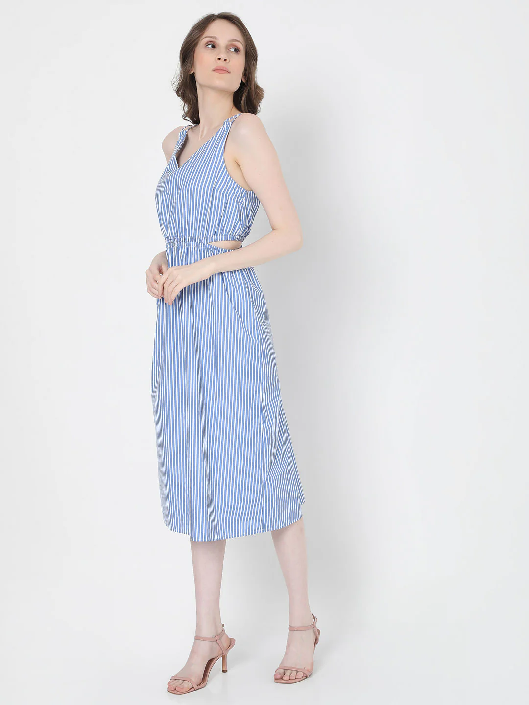 White & Blue Striped Midi Dress - Image 3