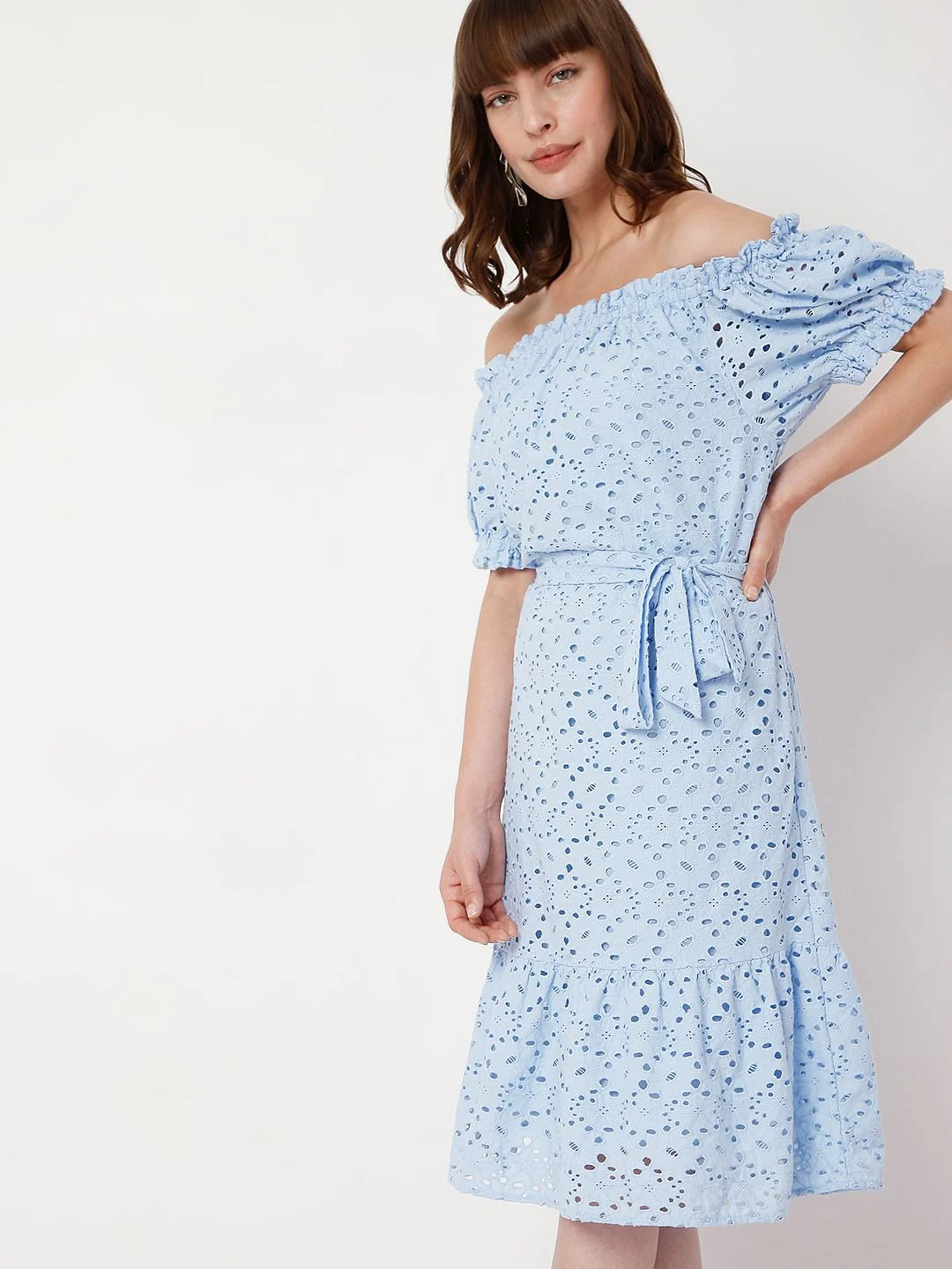 Blue Schiffli Off Shoulder Dress