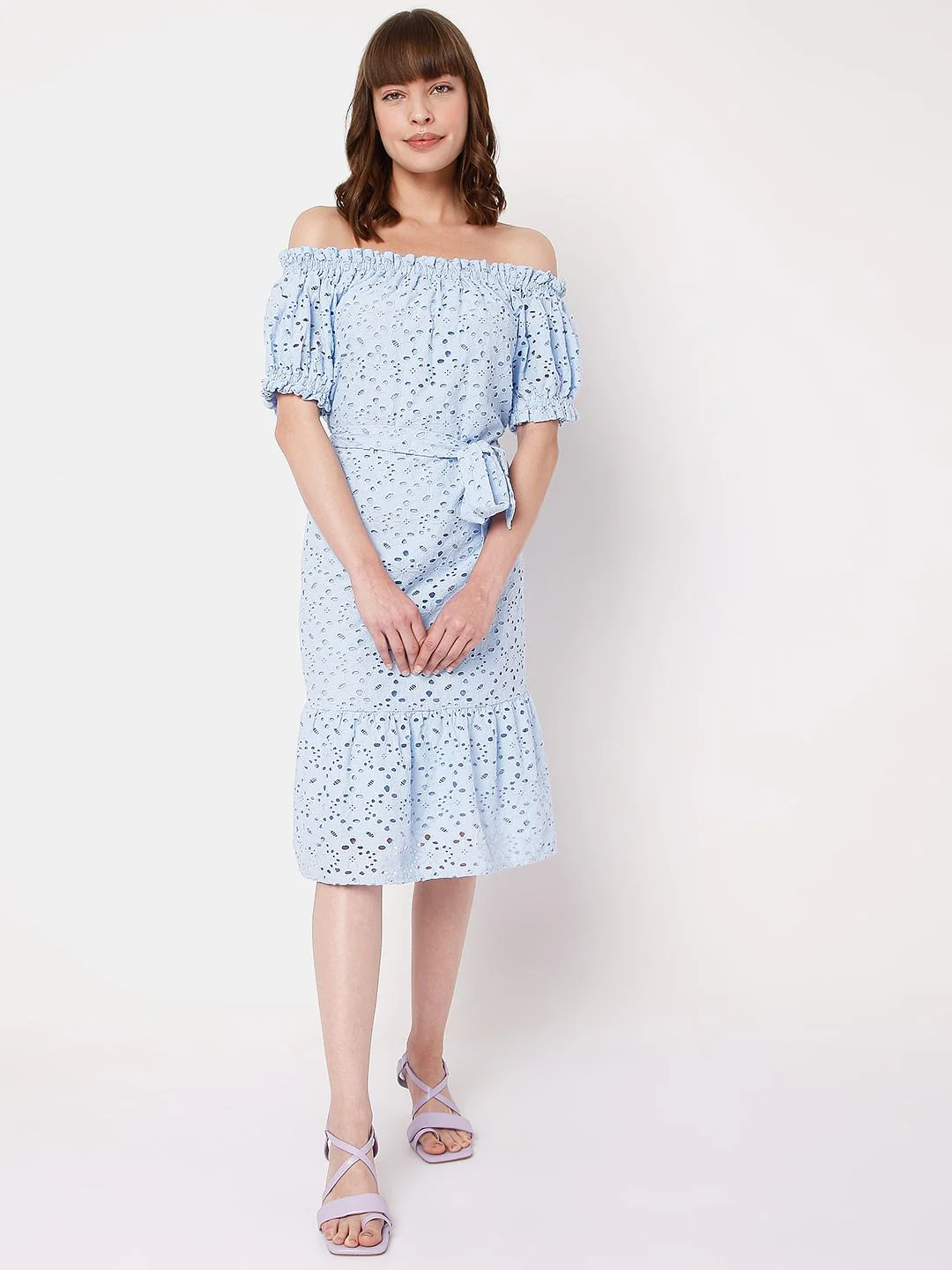 Blue Schiffli Off Shoulder Dress - Image 2