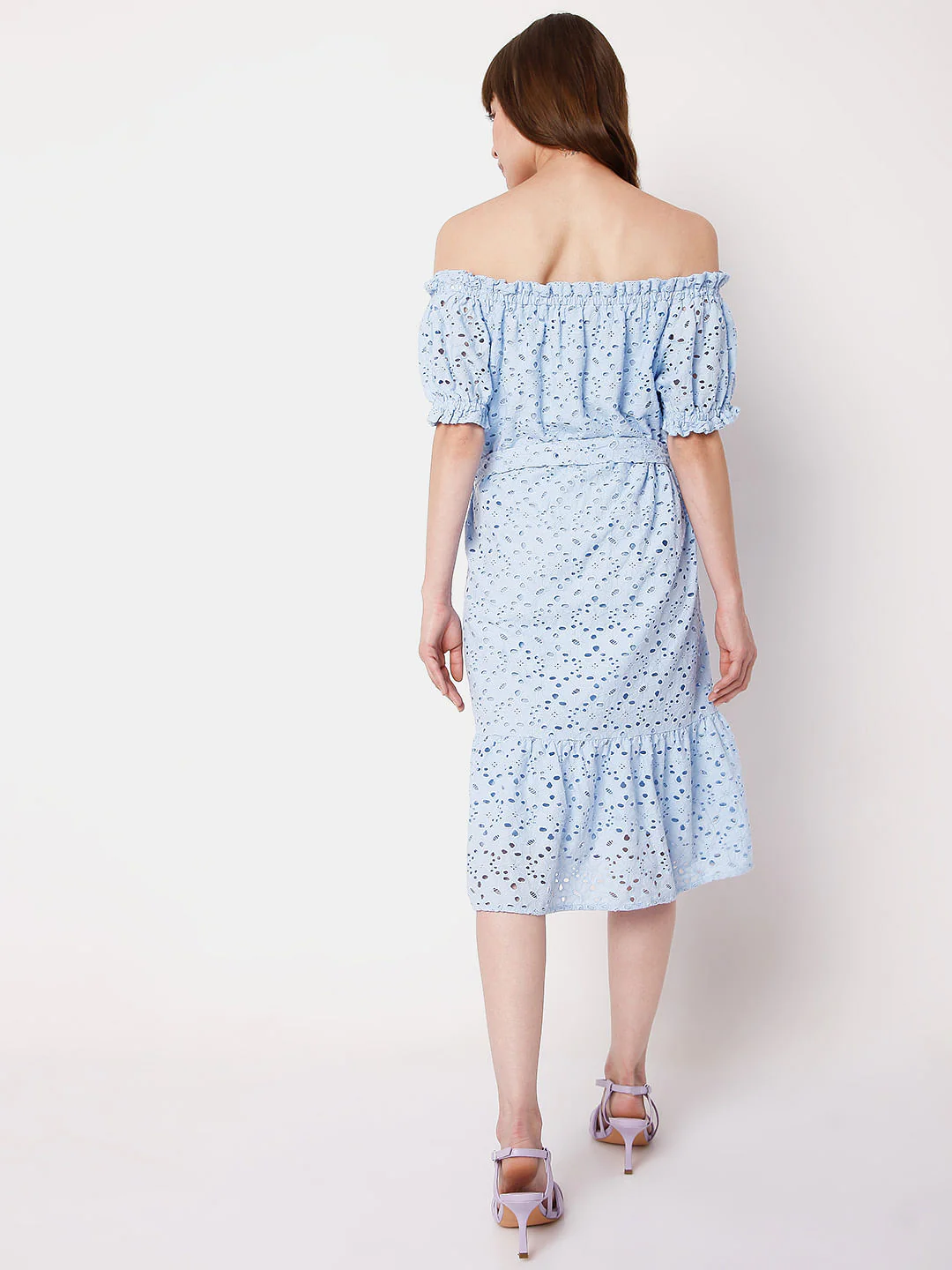 Blue Schiffli Off Shoulder Dress - Image 4