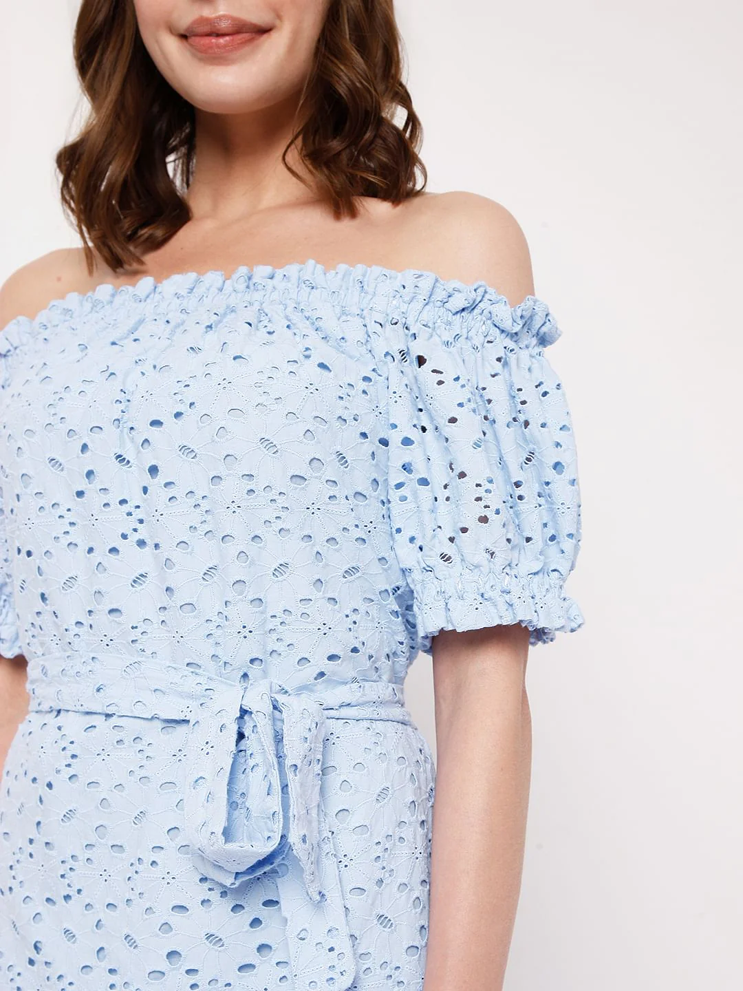 Blue Schiffli Off Shoulder Dress - Image 5
