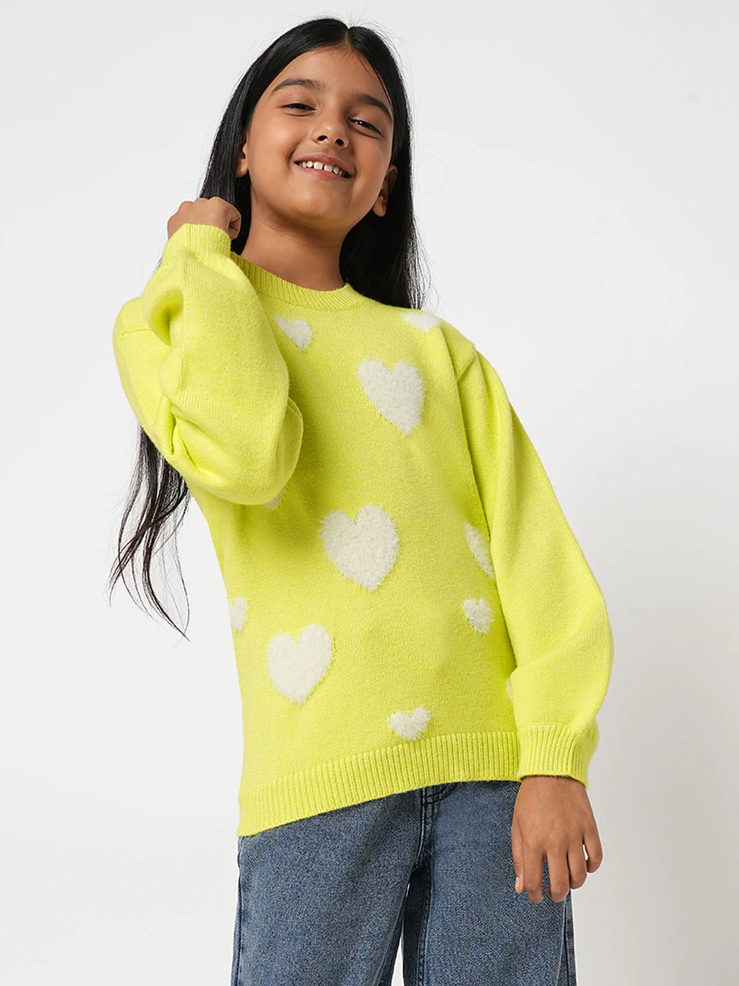 Girl Yellow Fluffy Heart Pullover - Image 2