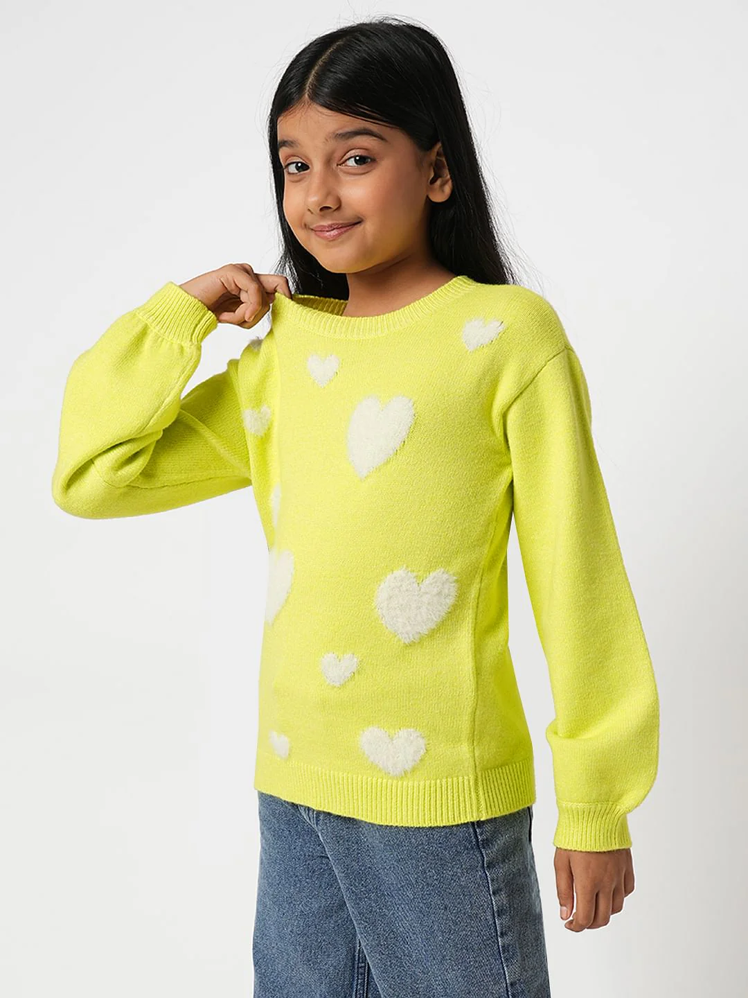 Girl Yellow Fluffy Heart Pullover - Image 3