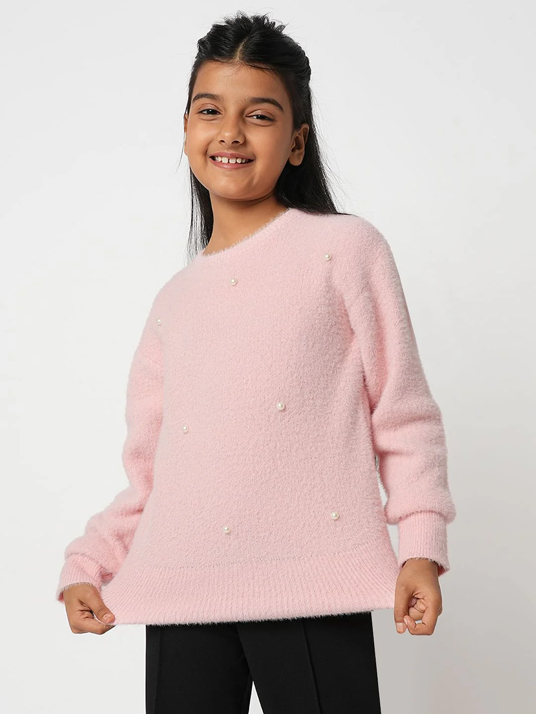 Girl Pink Pearl Embellished Sweater - Image 2