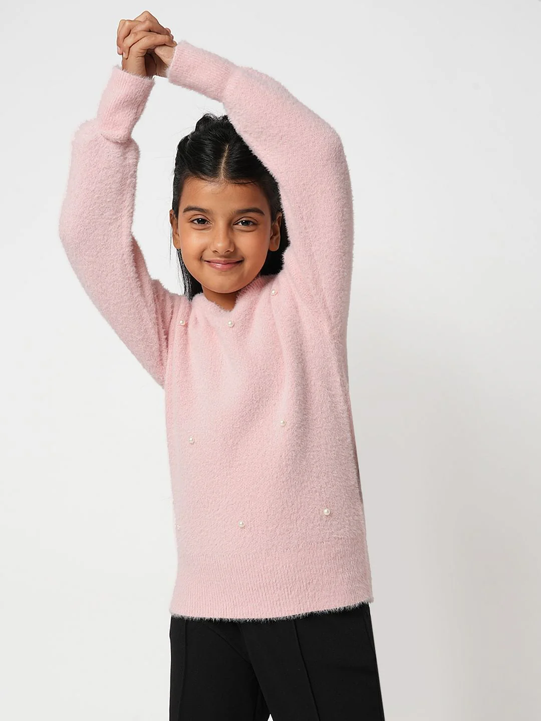 Girl Pink Pearl Embellished Sweater - Image 3