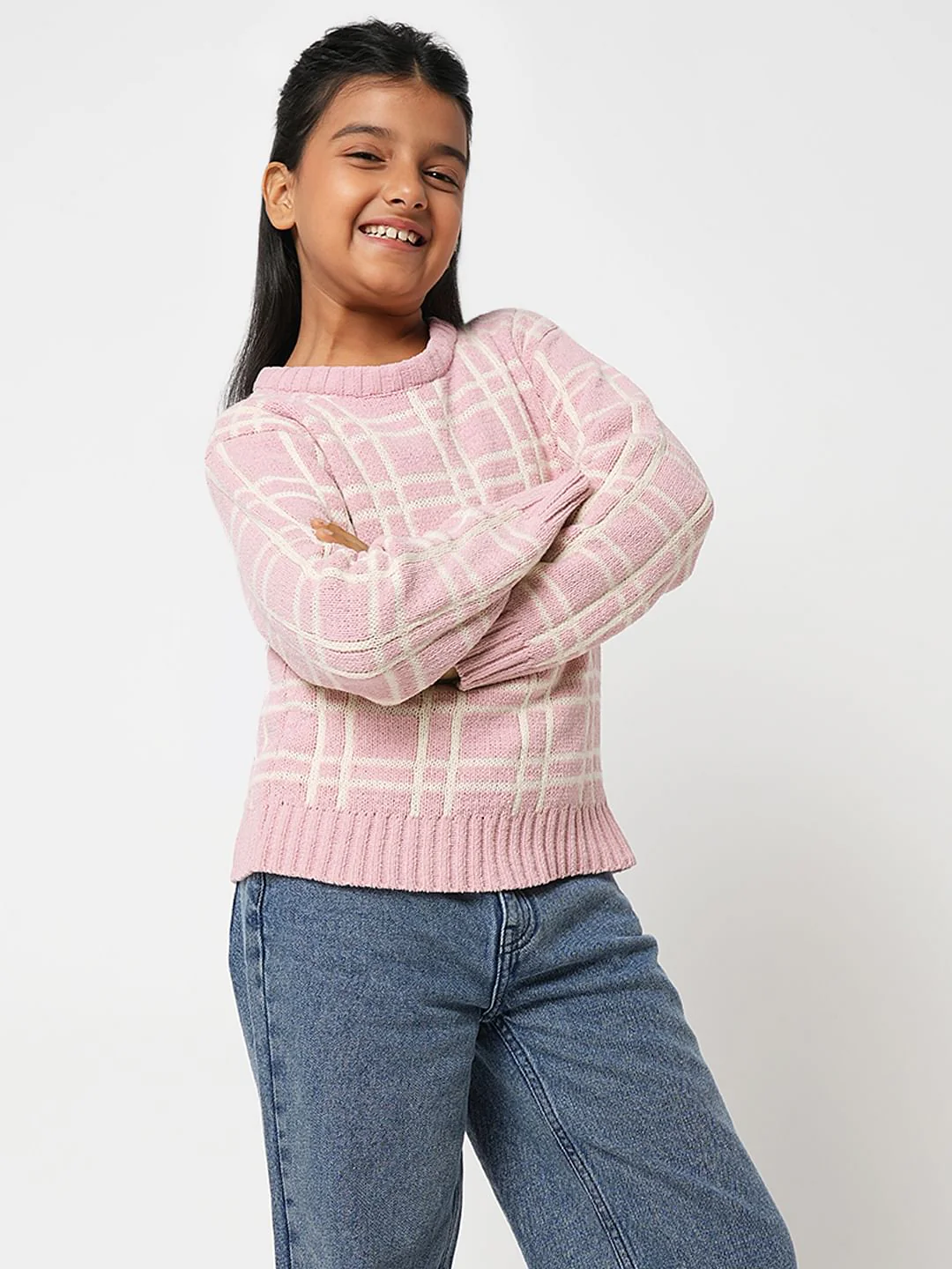 Girl Pink Check Print Sweater - Image 2