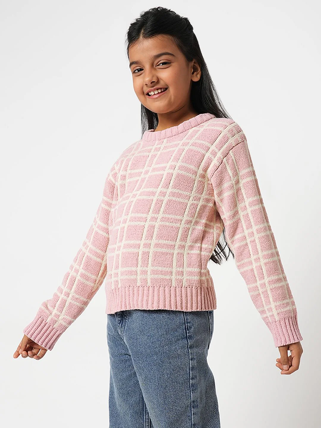 Girl Pink Check Print Sweater - Image 3