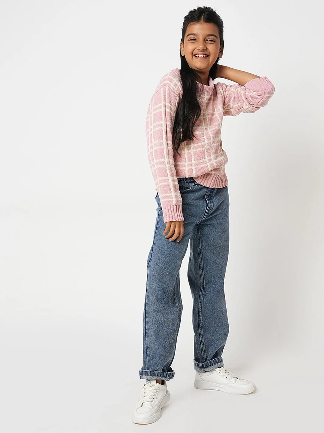 Girl Pink Check Print Sweater - Image 4