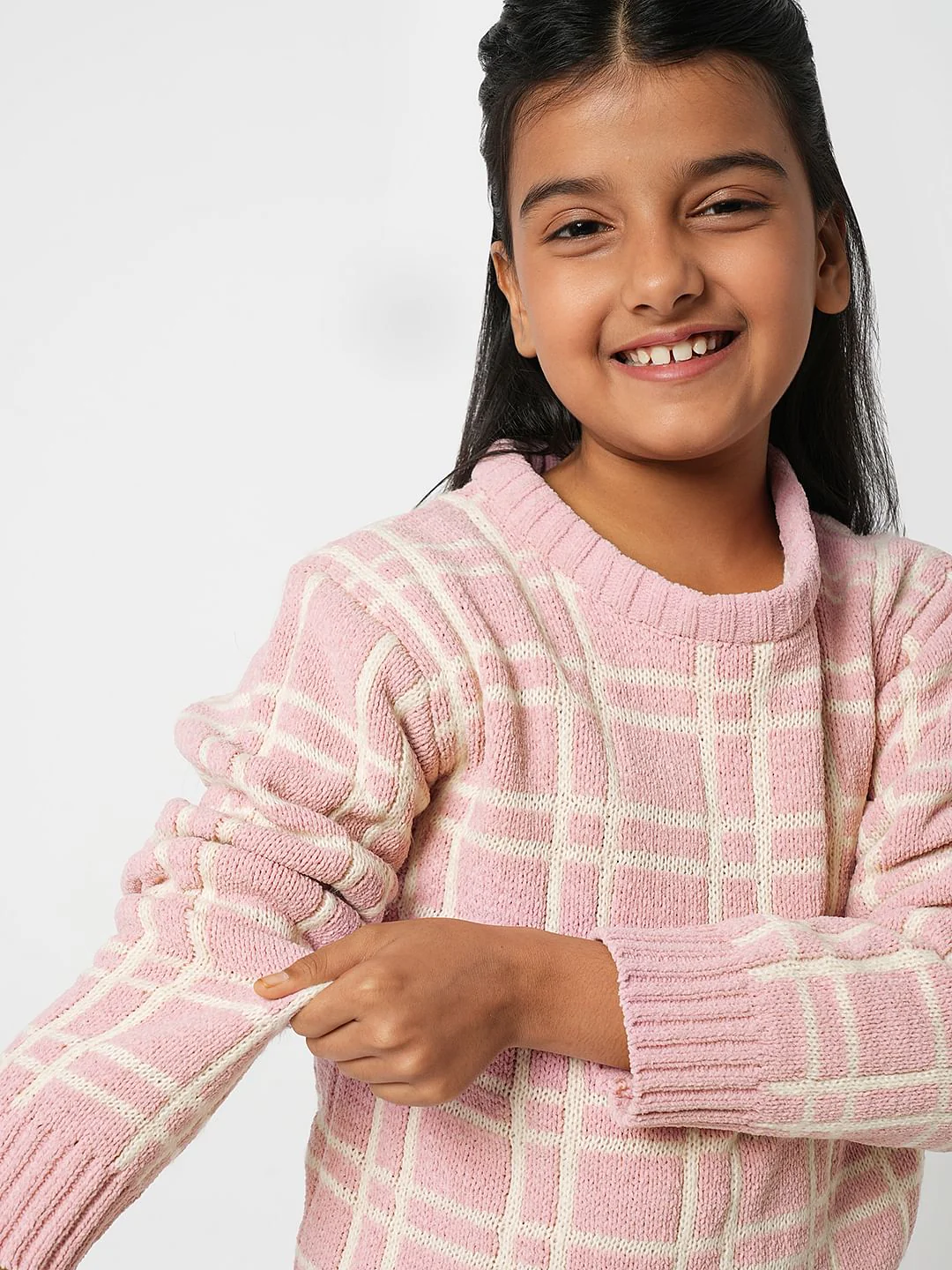 Girl Pink Check Print Sweater - Image 5