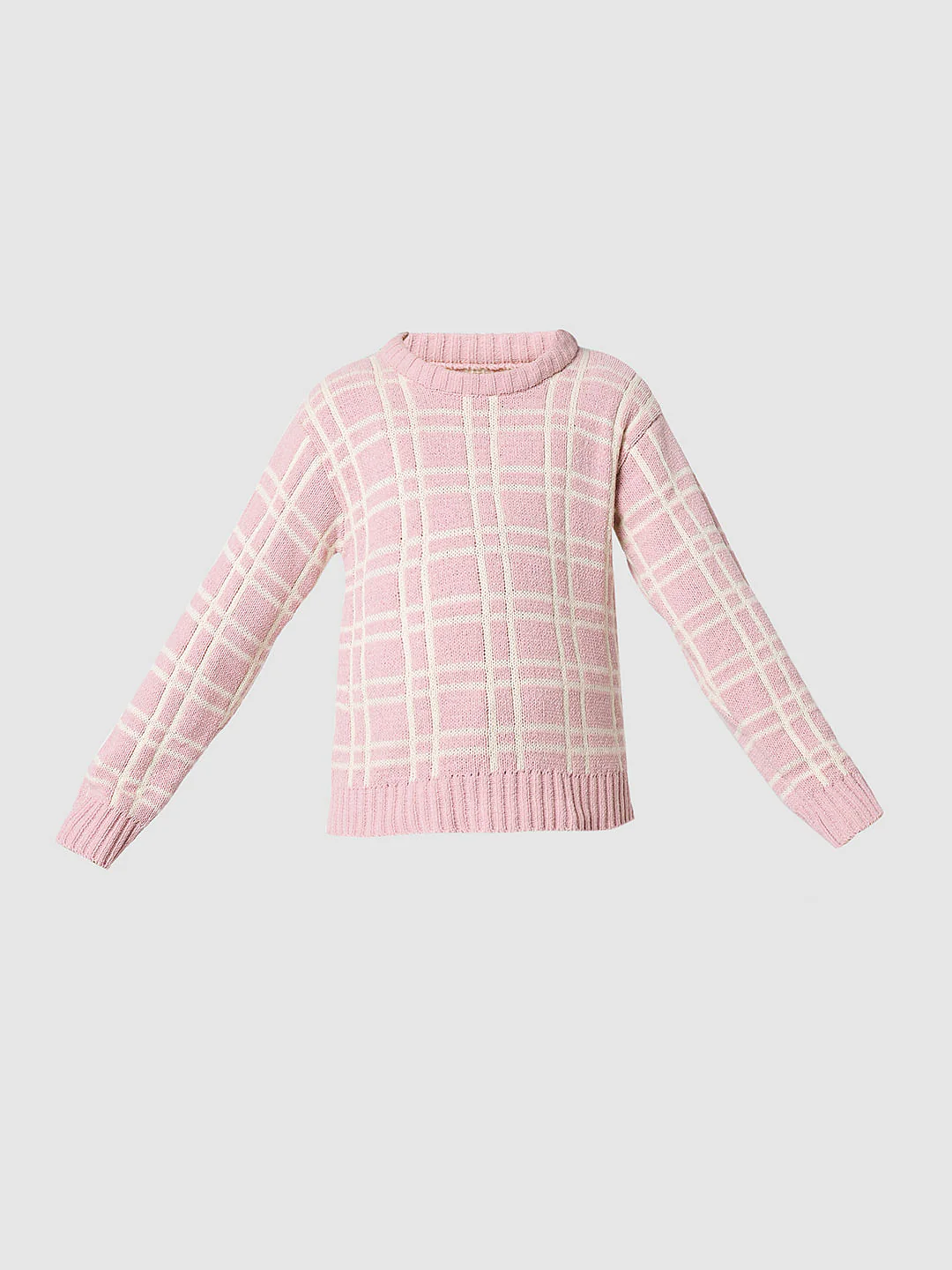 Girl Pink Check Print Sweater - Image 7