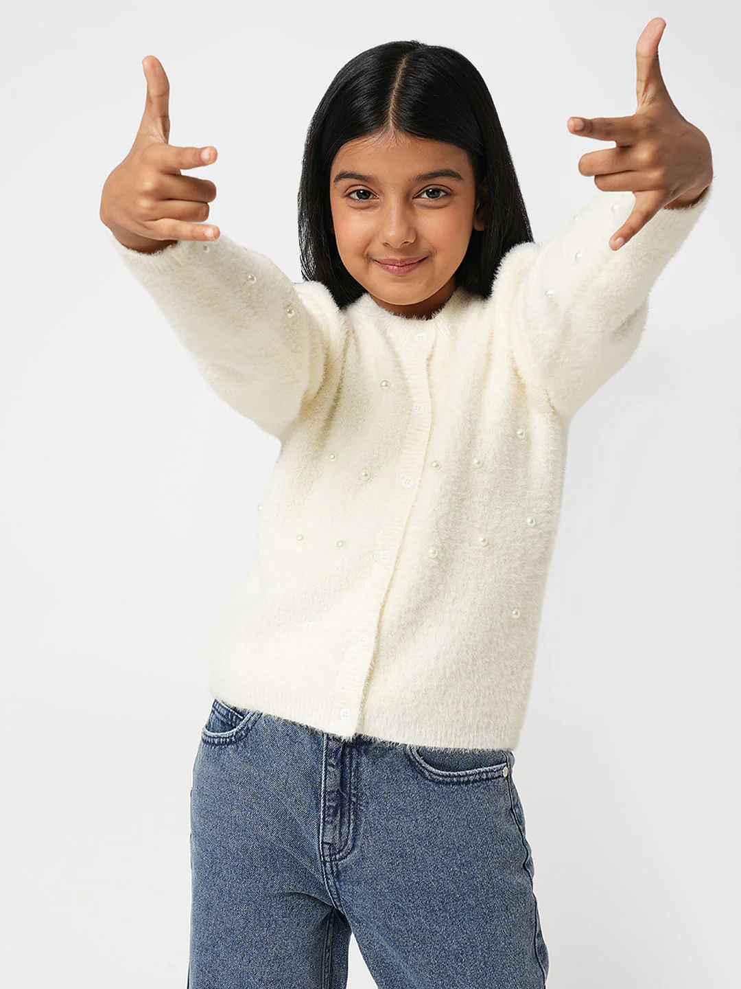 Girl Off-White Pearl Embellished Cardigan - Image 2