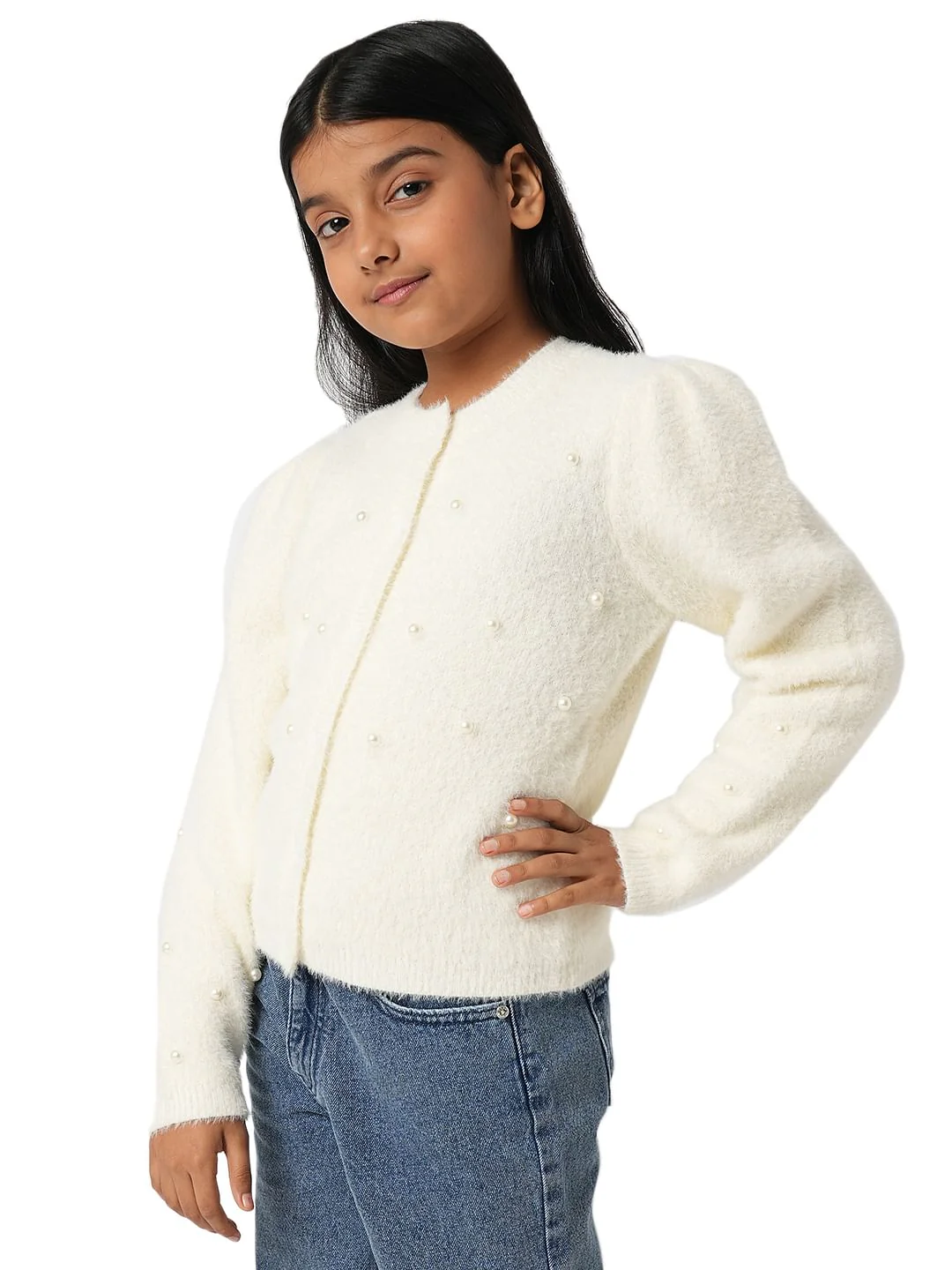 Girl Off-White Pearl Embellished Cardigan - Image 3