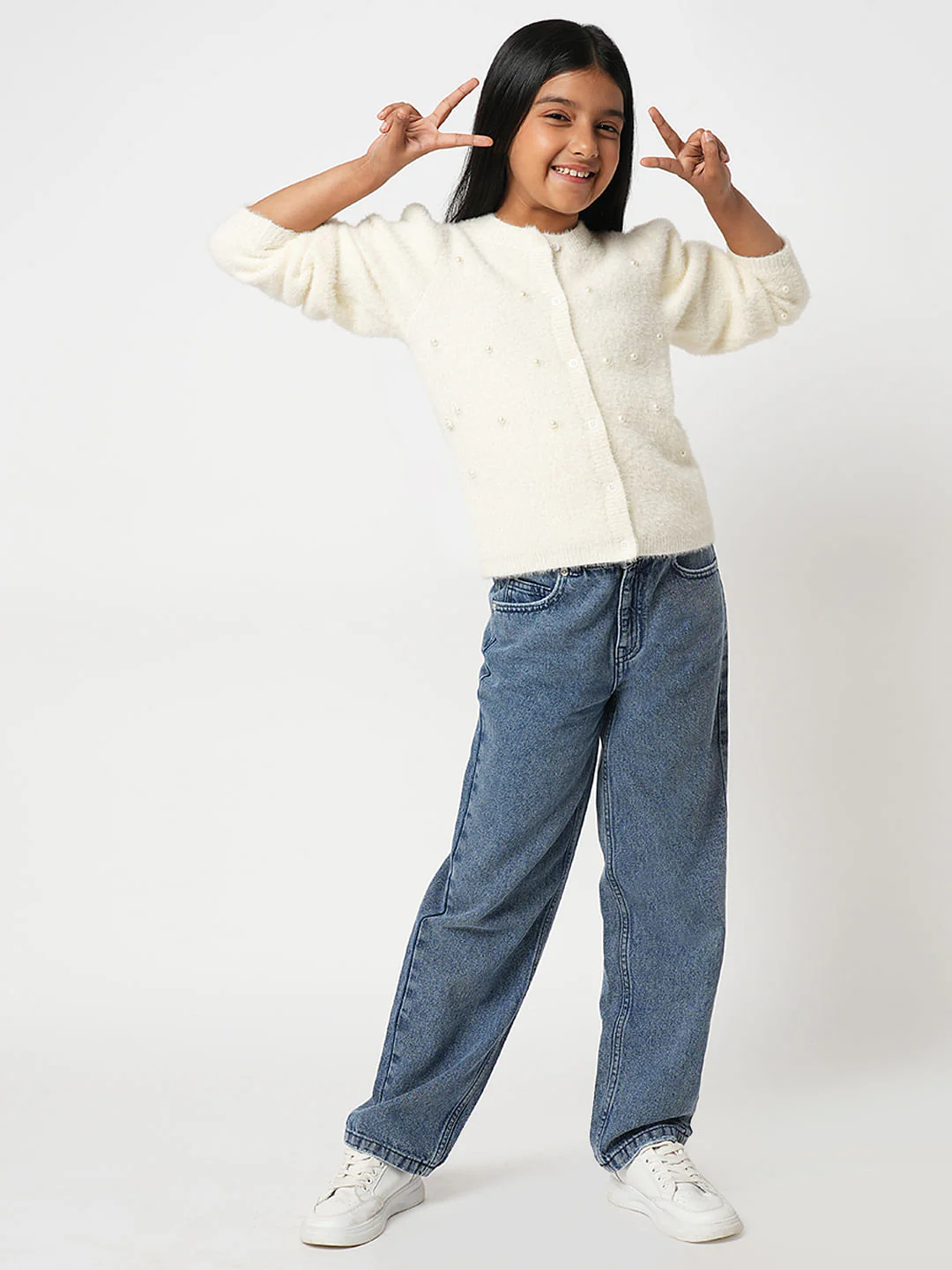 Girl Off-White Pearl Embellished Cardigan - Image 4