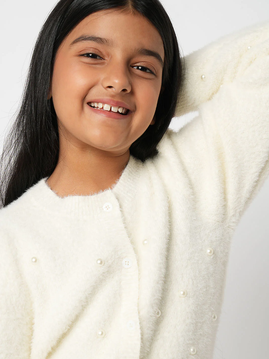 Girl Off-White Pearl Embellished Cardigan - Image 5