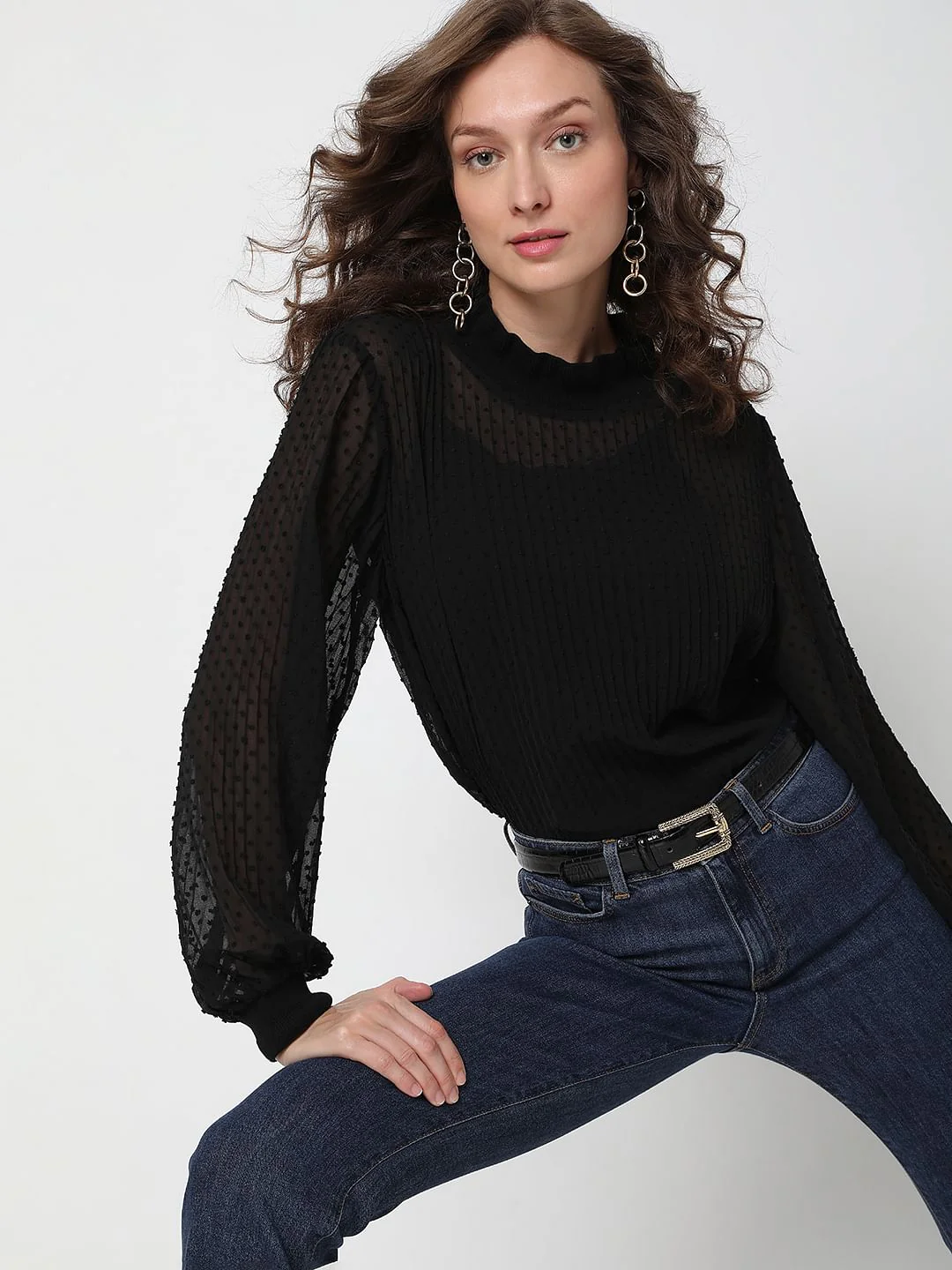 Black Dobby Pleated Top