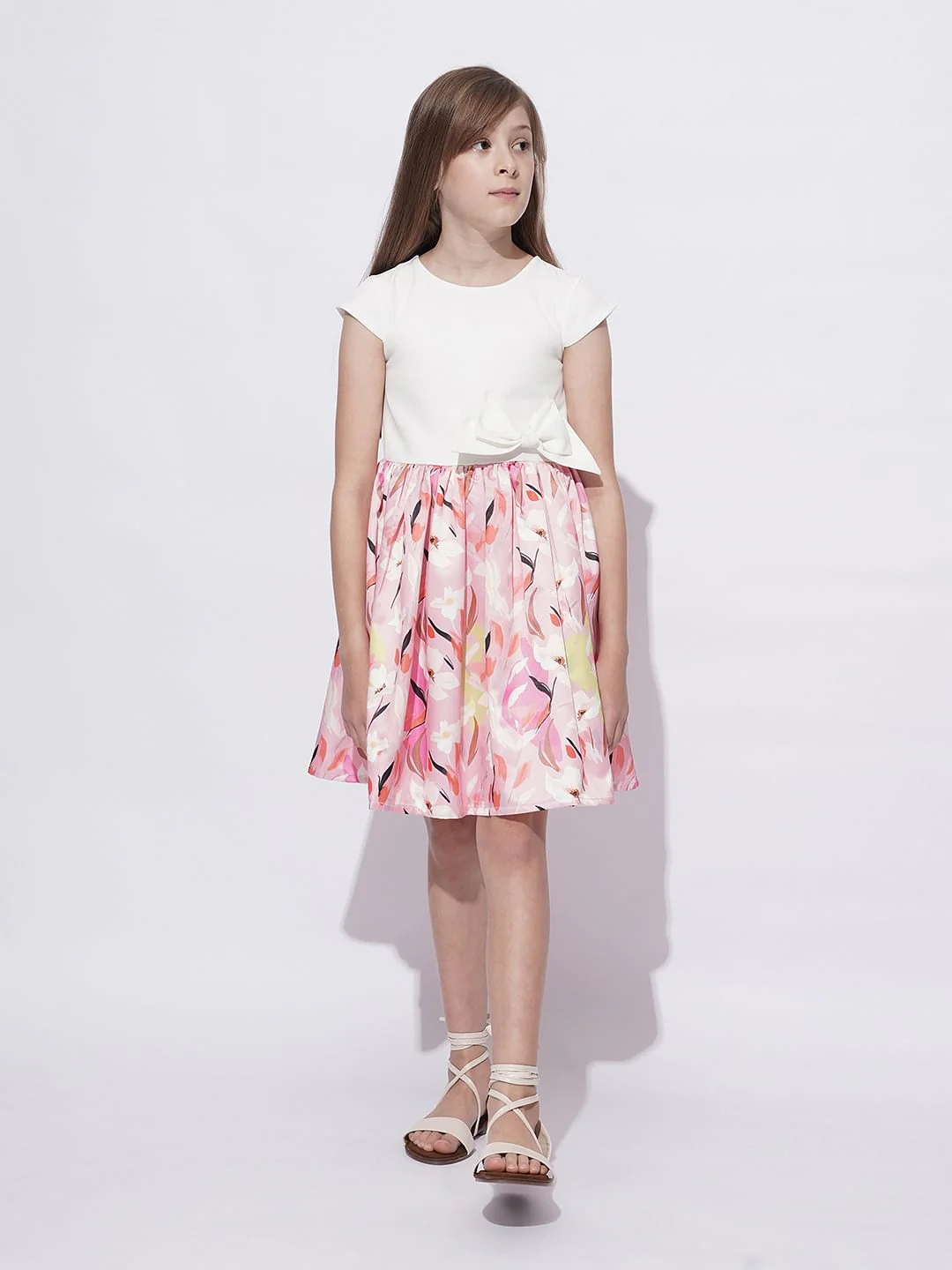 Girls White Printed Fit & Flare Dress - Image 5