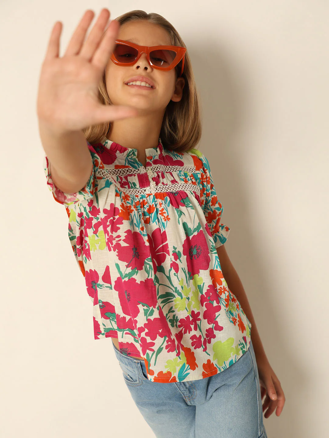 White Floral Print Cotton Top