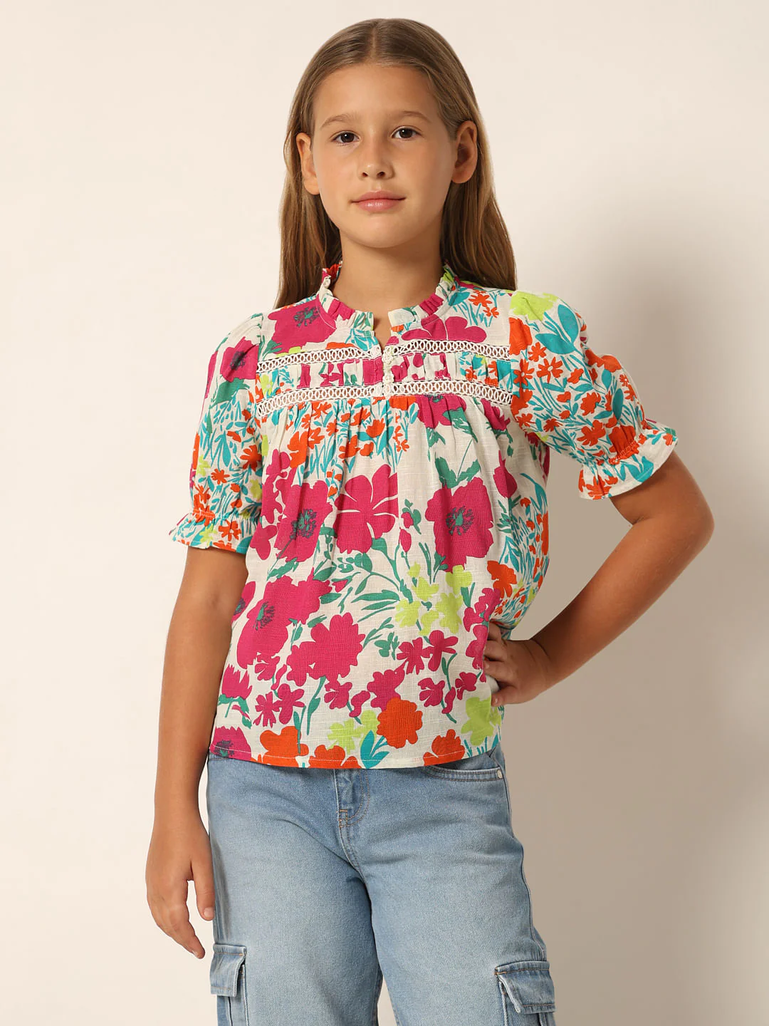 White Floral Print Cotton Top - Image 2