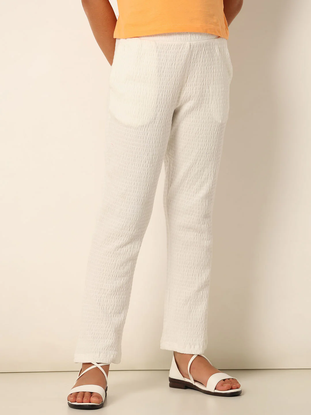 White Textured Bootcut Pants - Image 2