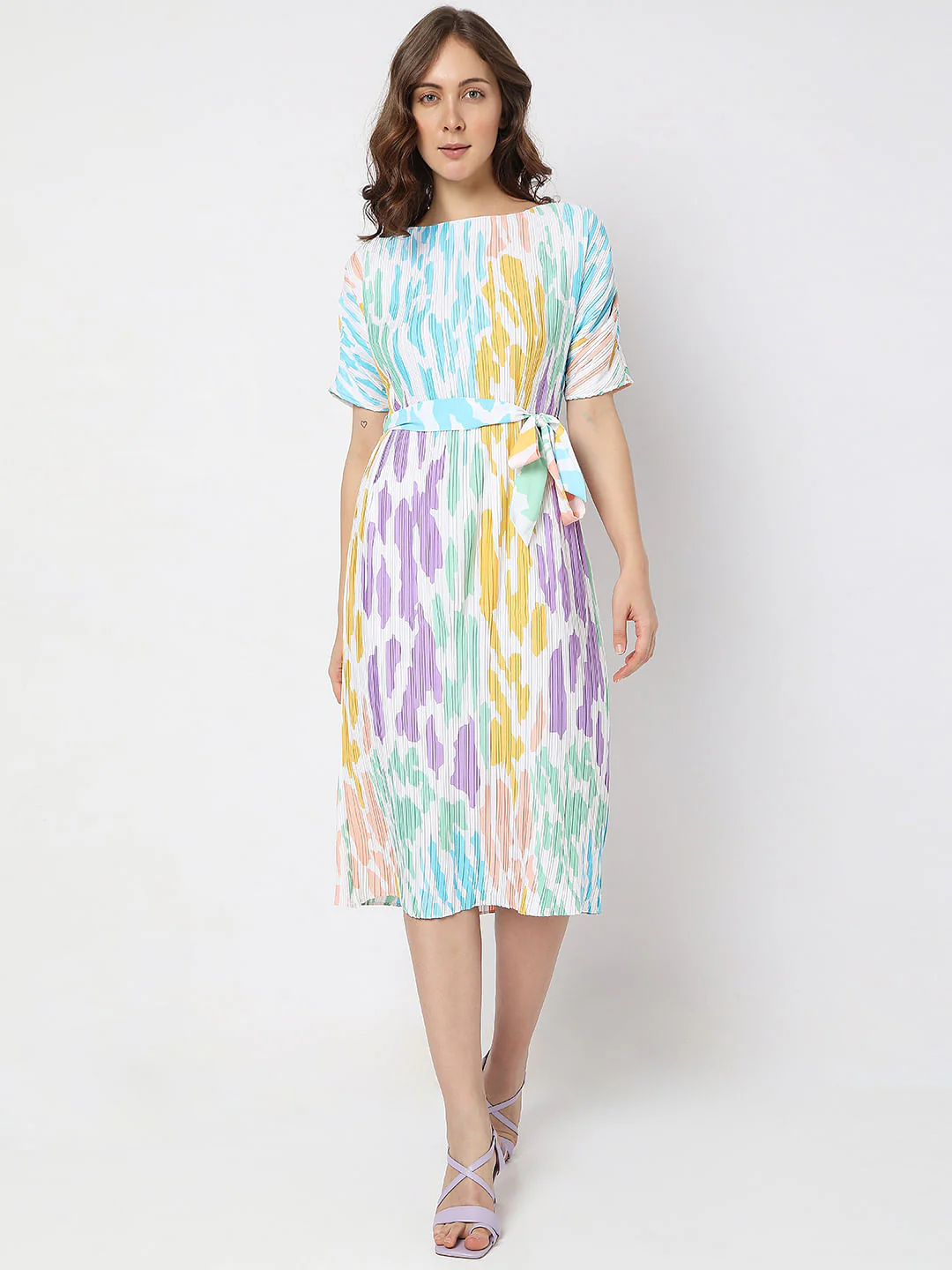 White Colourblocked Pleated Midi Dress - Image 2