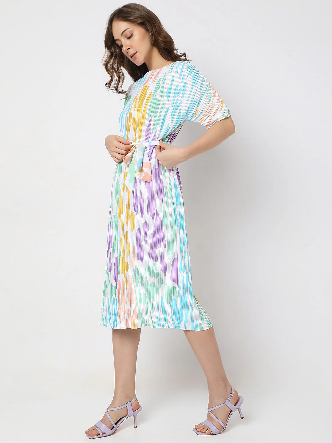 White Colourblocked Pleated Midi Dress - Image 3