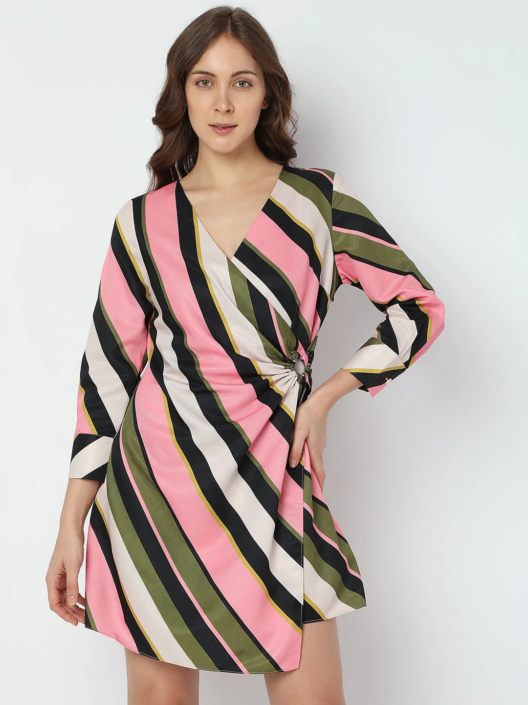Pink Striped Overlap Mini Dress - Image 2