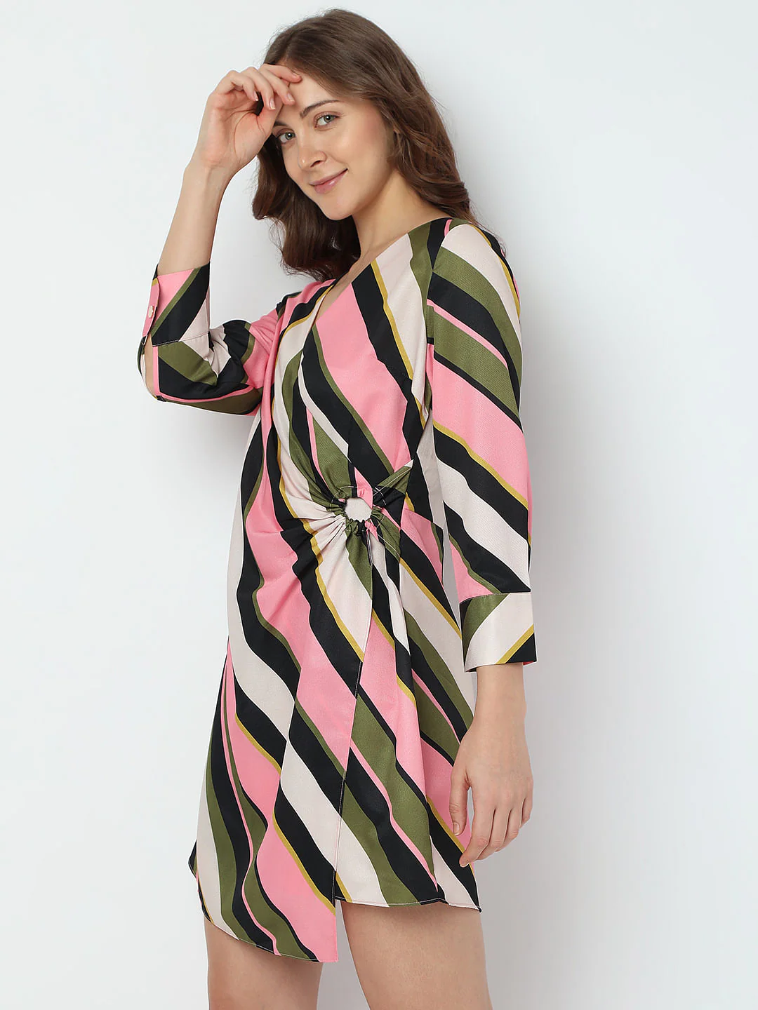 Pink Striped Overlap Mini Dress - Image 3