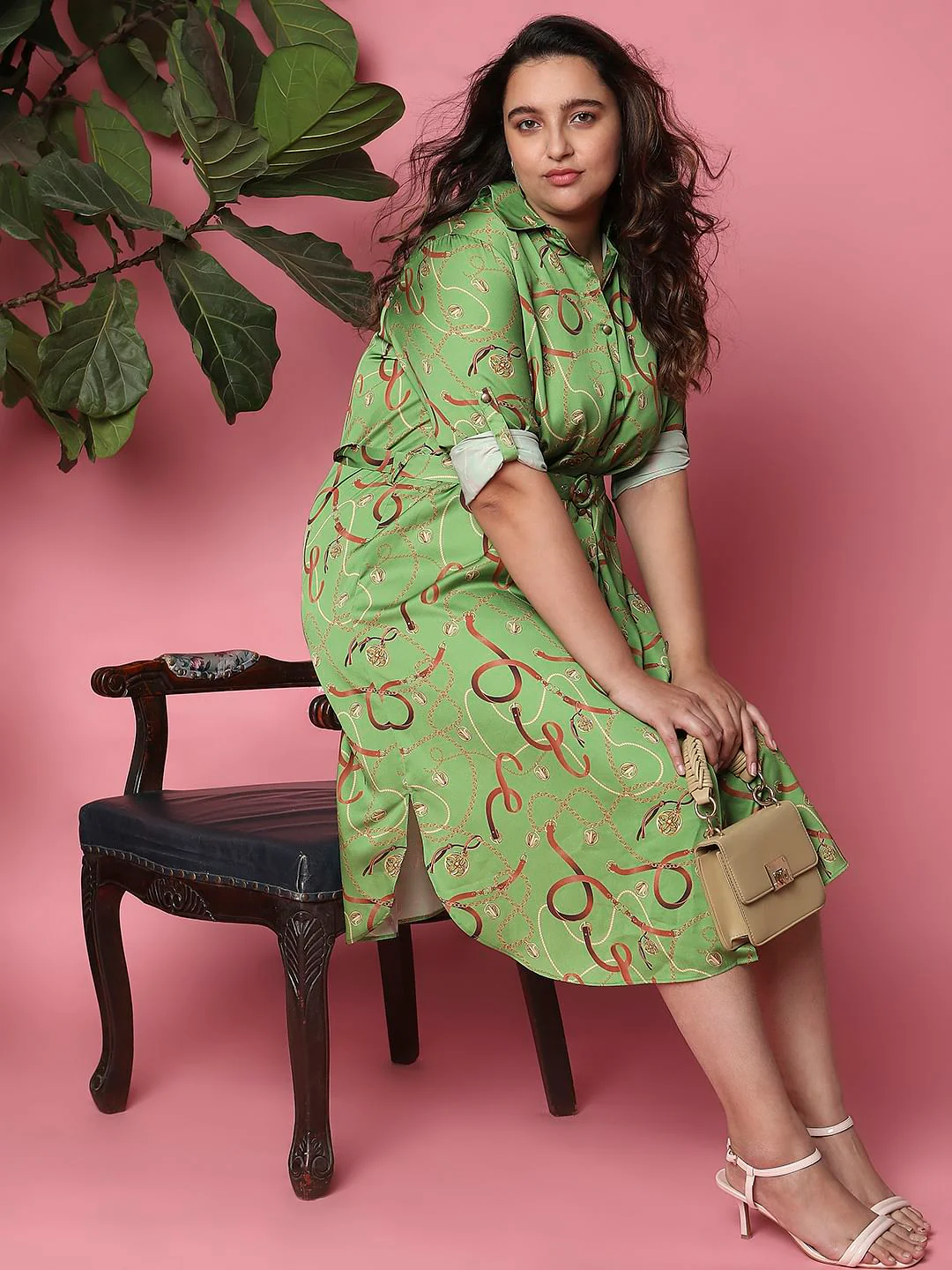 Curve Green Printed Shirt Dress