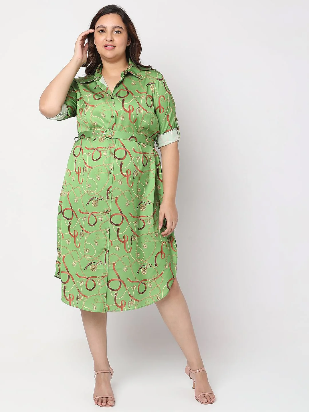 Curve Green Printed Shirt Dress - Image 2