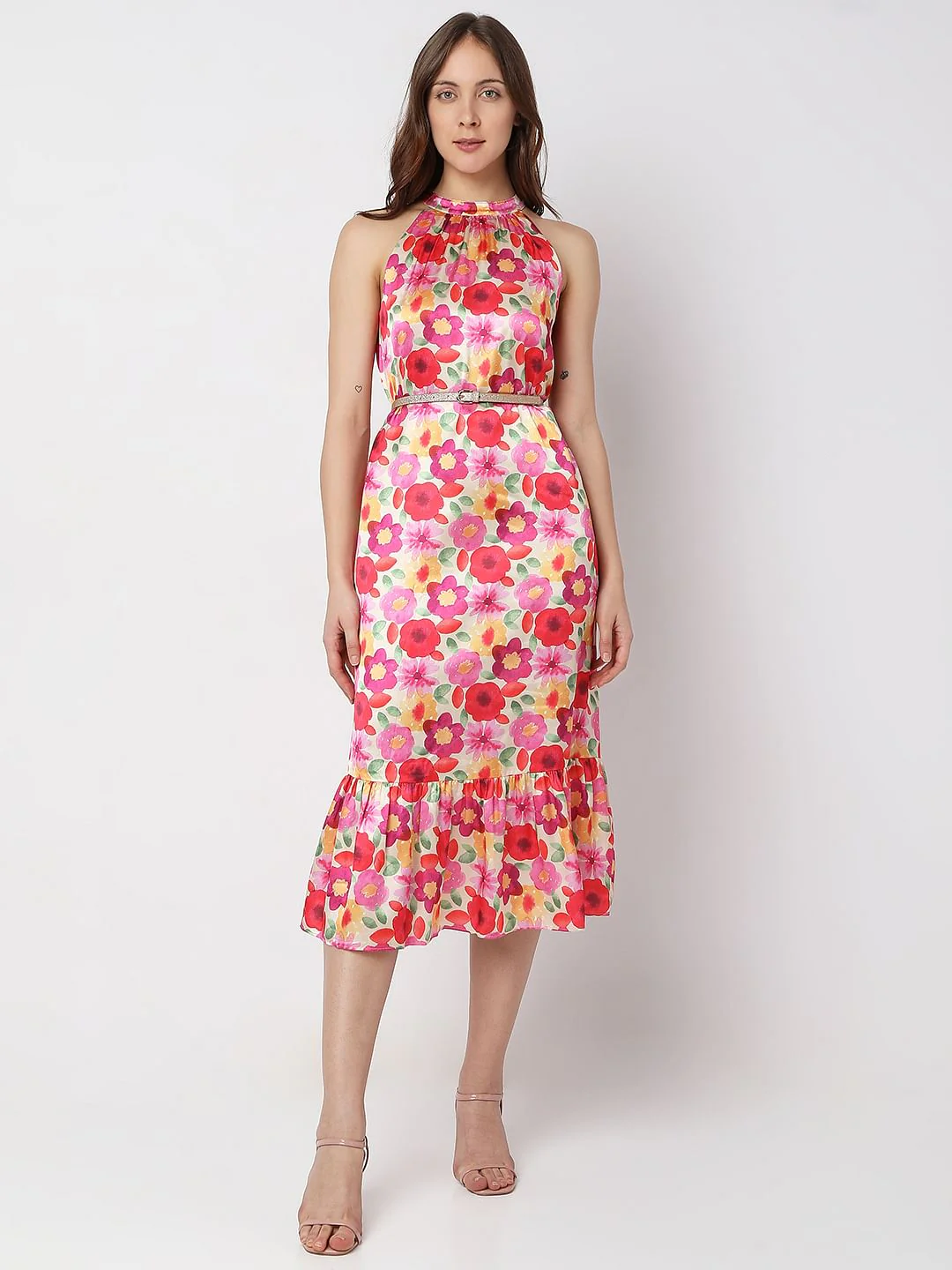 Beige Floral Halter Neck Midi Dress - Image 2