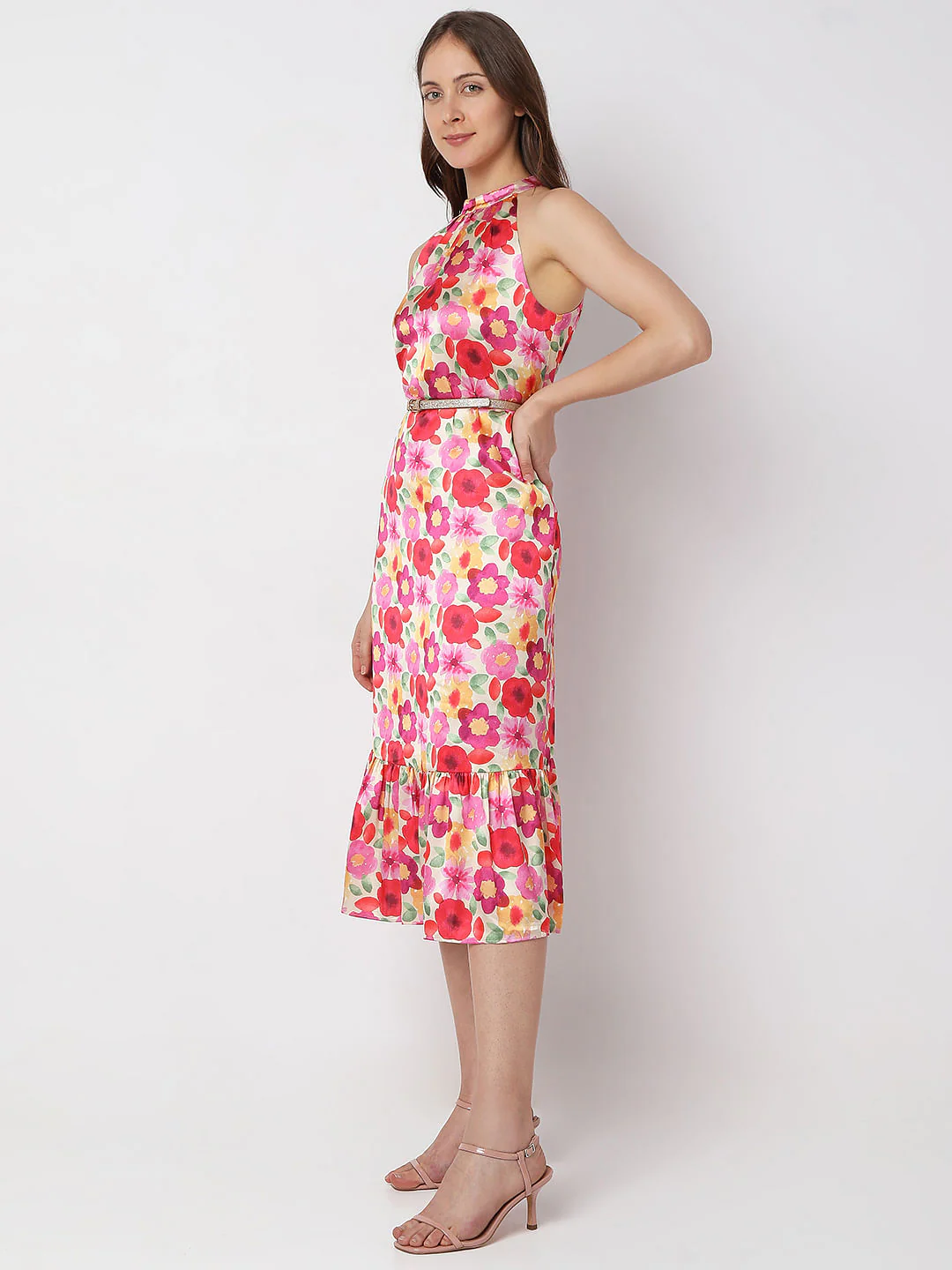 Beige Floral Halter Neck Midi Dress - Image 3
