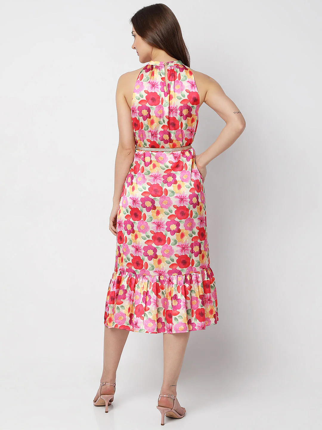 Beige Floral Halter Neck Midi Dress - Image 4