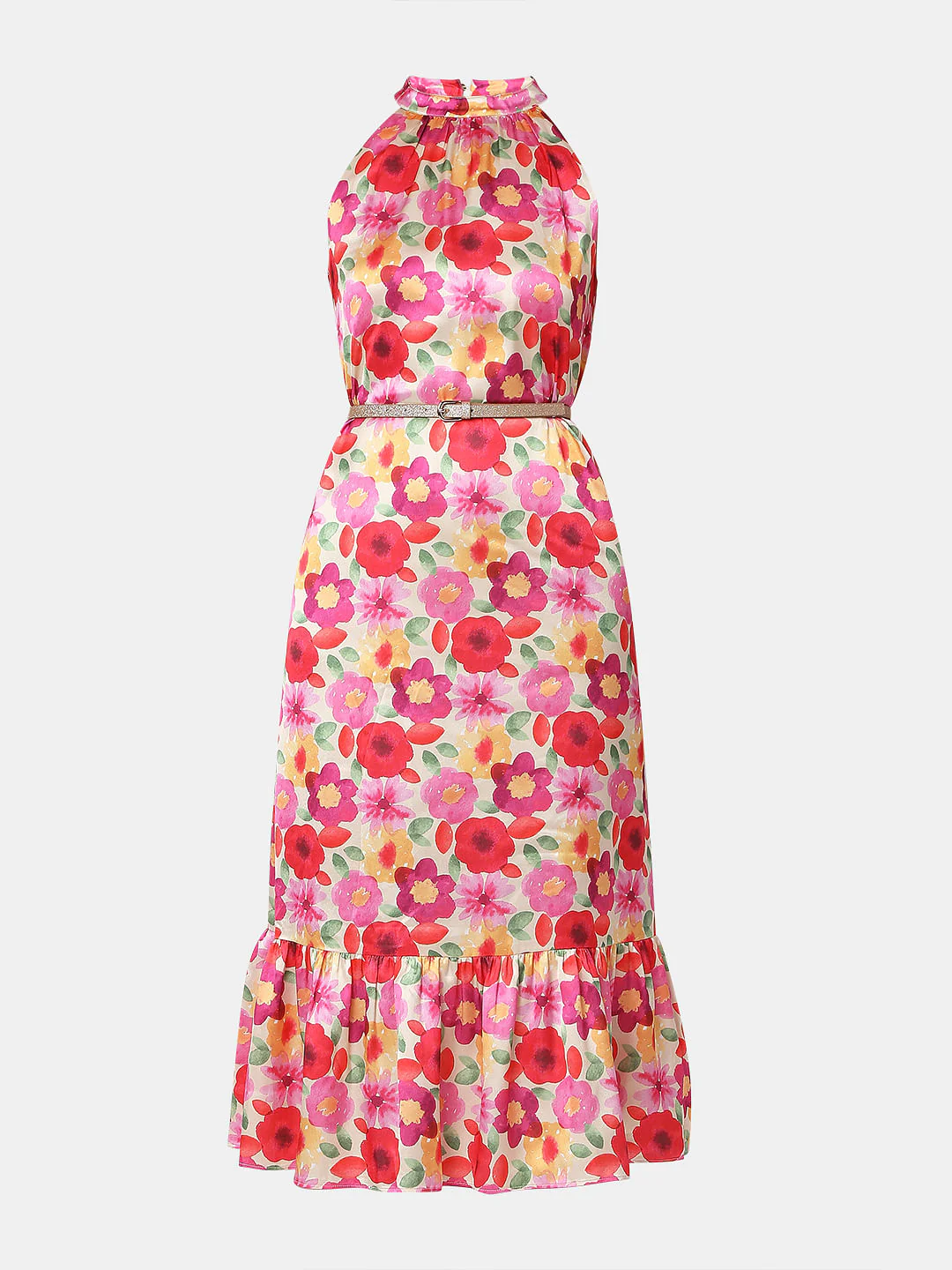 Beige Floral Halter Neck Midi Dress - Image 6