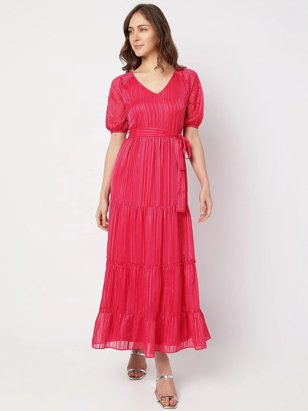 Pink Striped Tiered Maxi Dress - Image 2