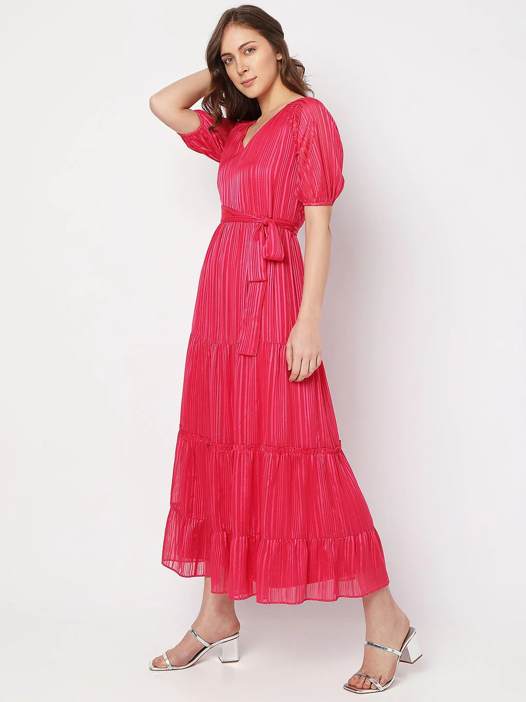 Pink Striped Tiered Maxi Dress - Image 3