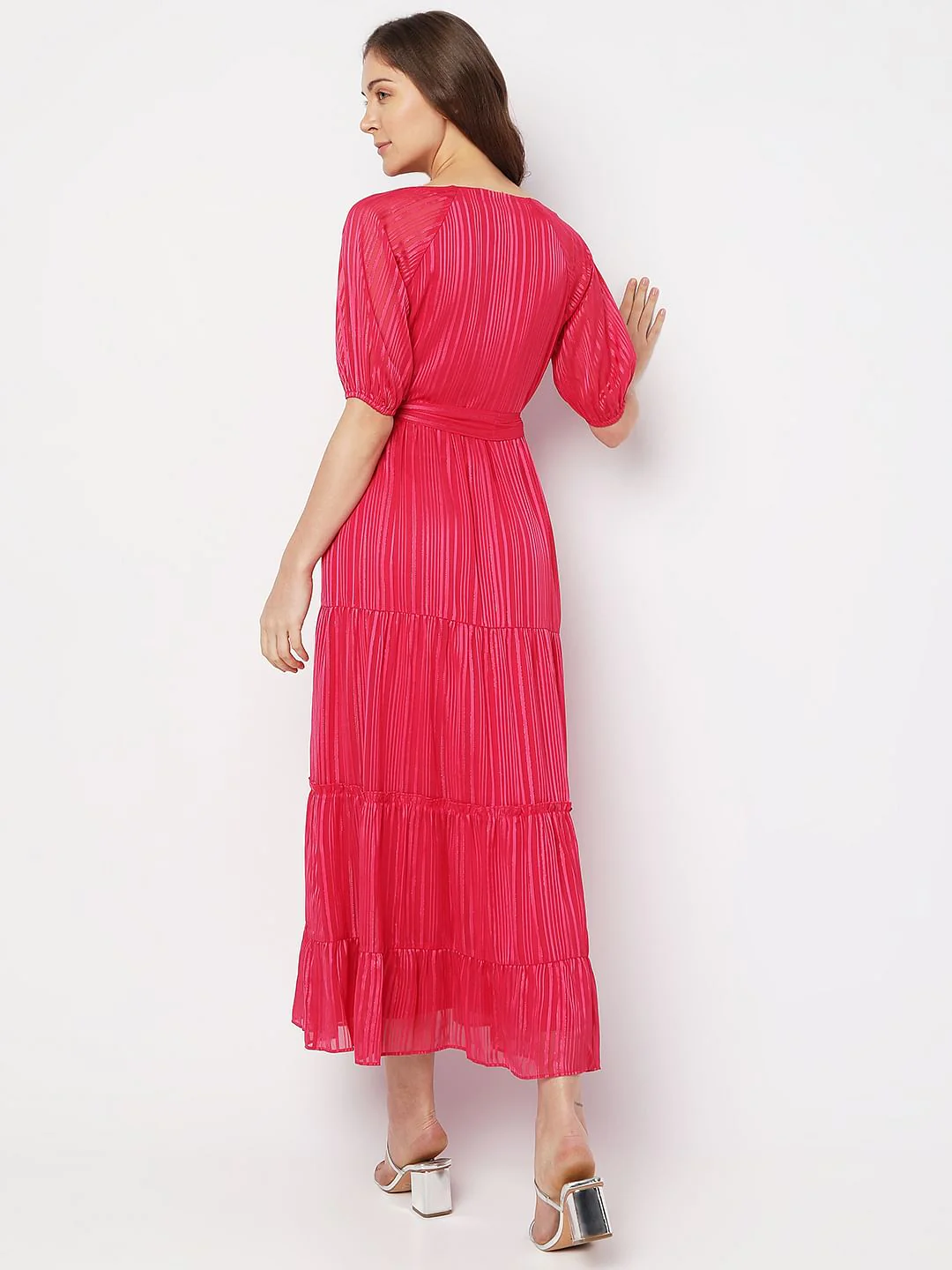 Pink Striped Tiered Maxi Dress - Image 4