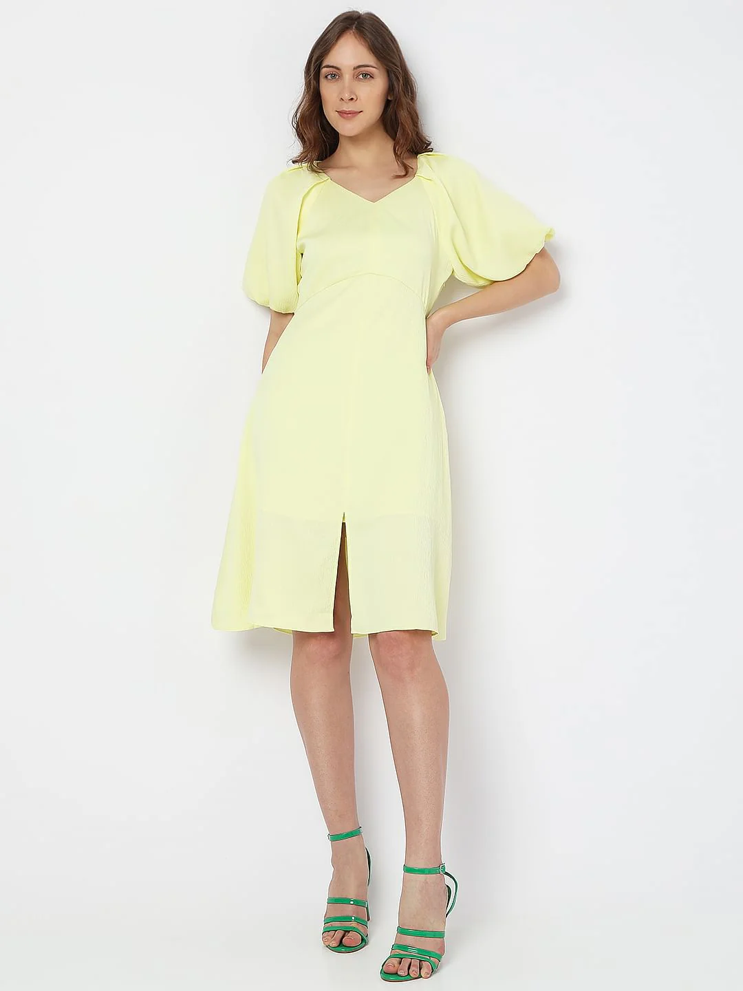 Yellow V-Neck Fit & Flare Dress - Image 2