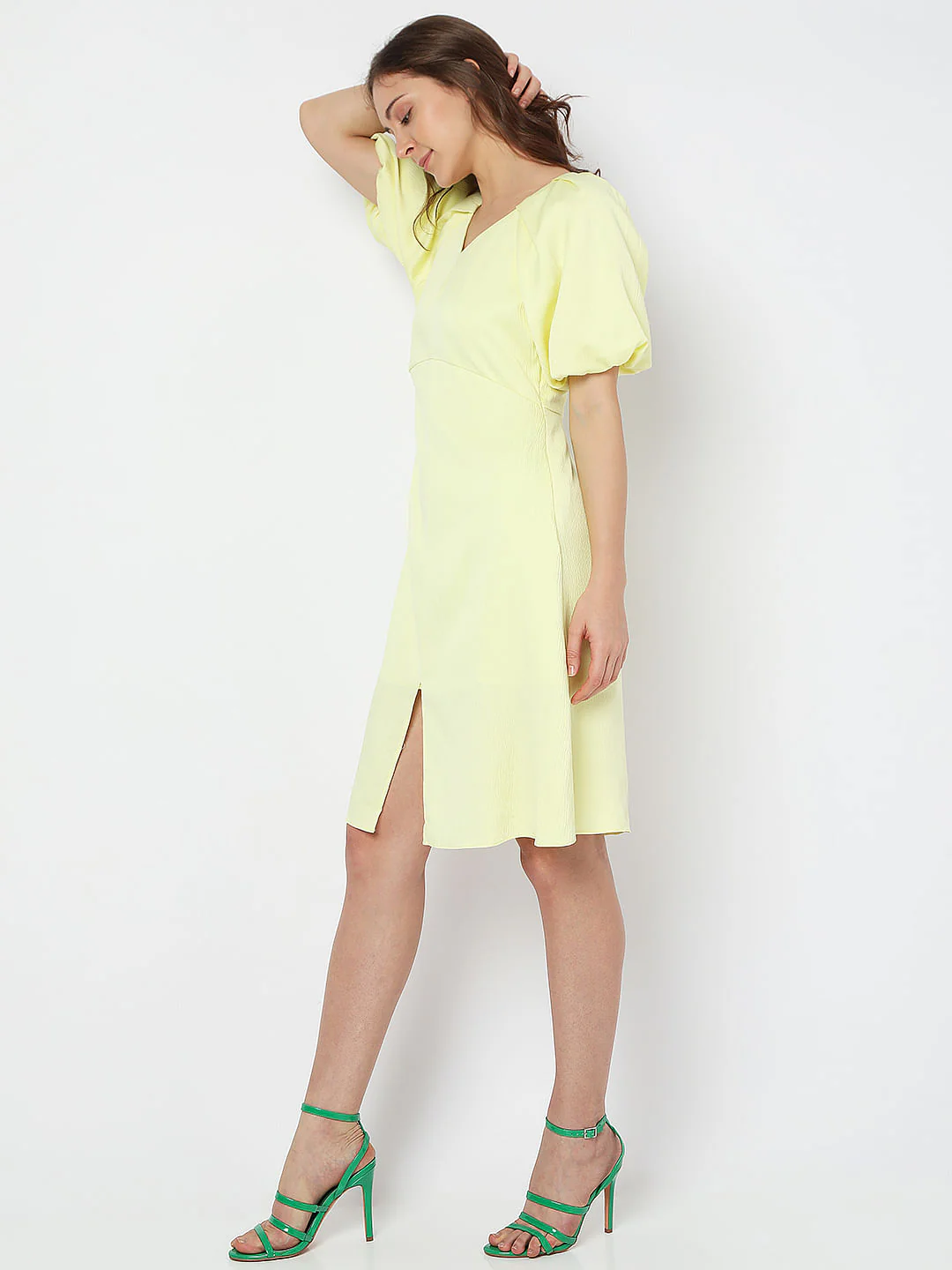 Yellow V-Neck Fit & Flare Dress - Image 3