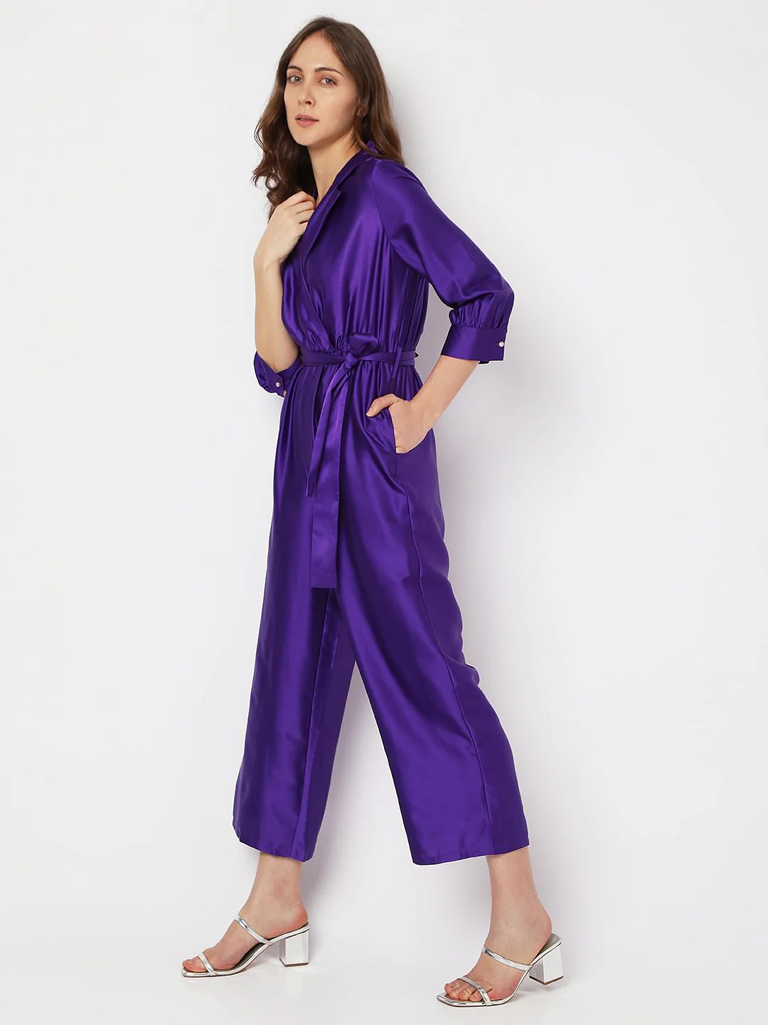 Purple Satin Wrap Jumpsuit - Image 3