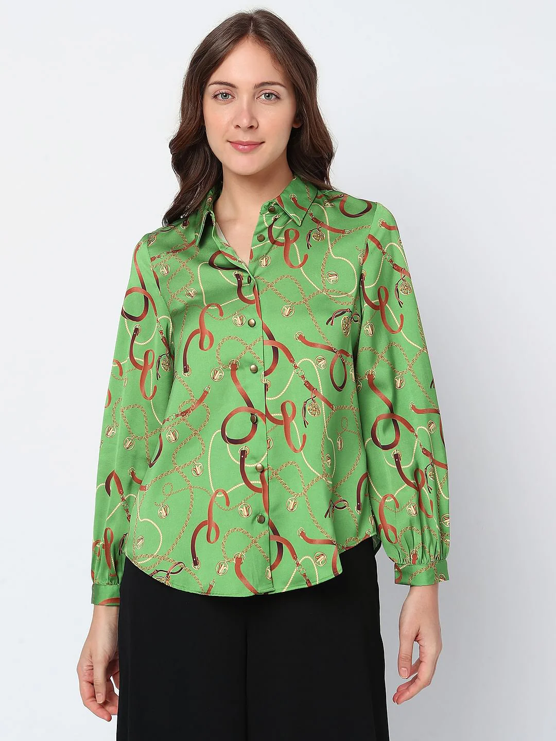Green Chain Printed Satin Shirt - Image 2
