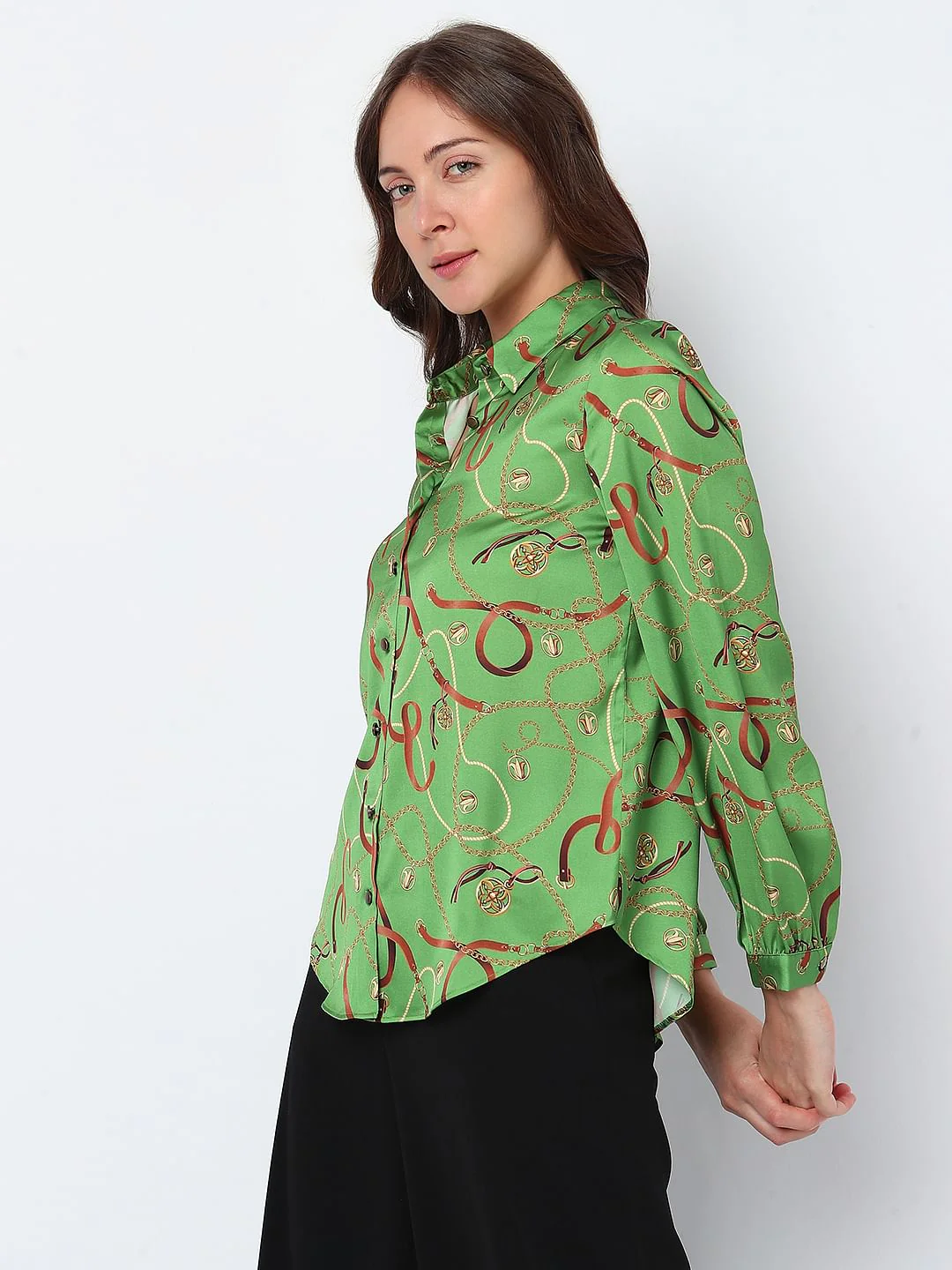 Green Chain Printed Satin Shirt - Image 3