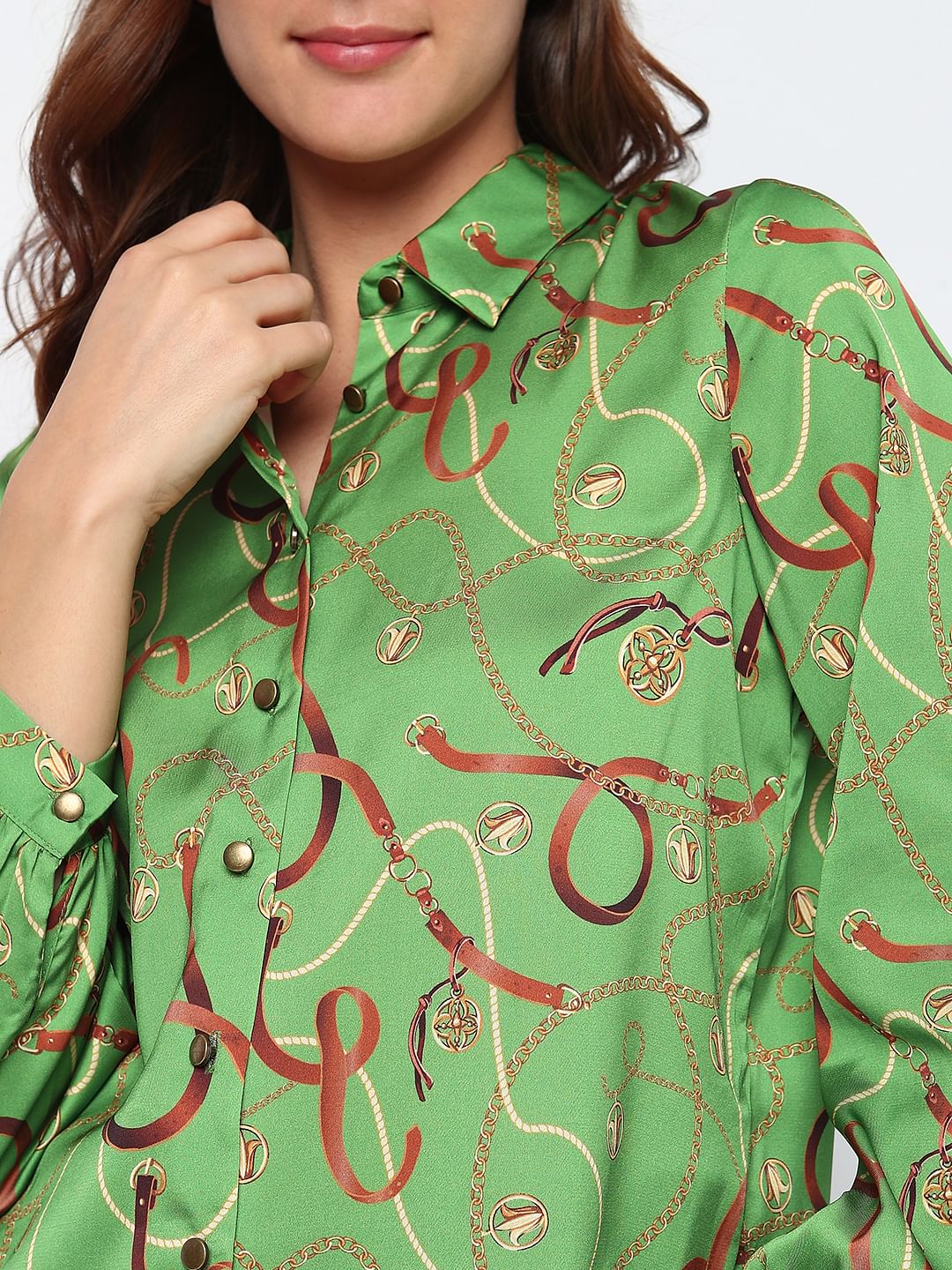 Green Chain Printed Satin Shirt - Image 6