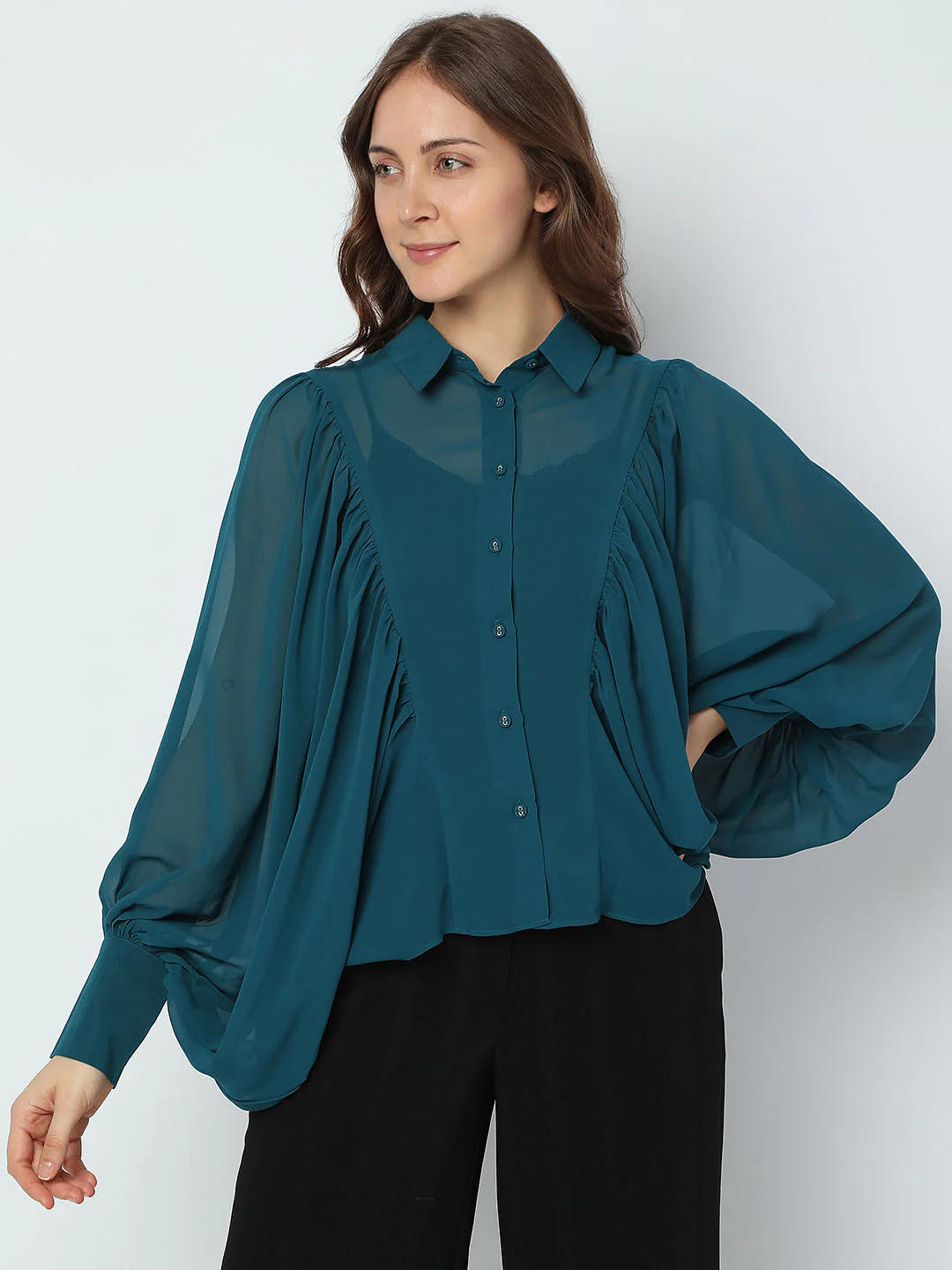 Green Voluminous Sleeves Shirt - Image 2