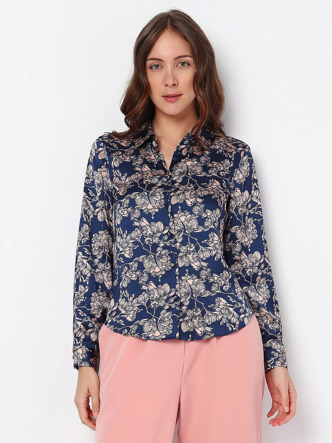 Navy Blue Floral Satin Shirt - Image 2