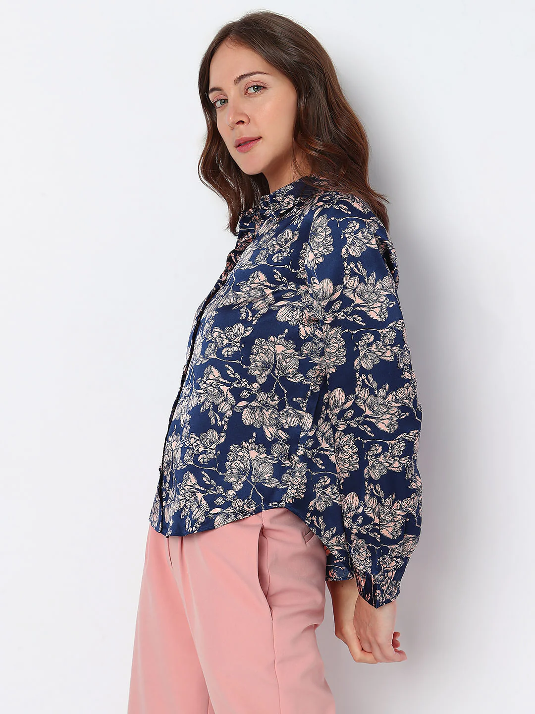 Navy Blue Floral Satin Shirt - Image 3