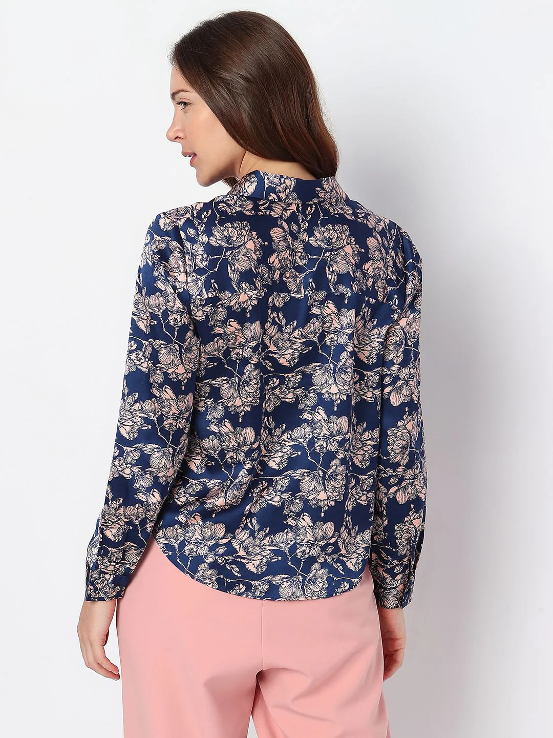 Navy Blue Floral Satin Shirt - Image 4